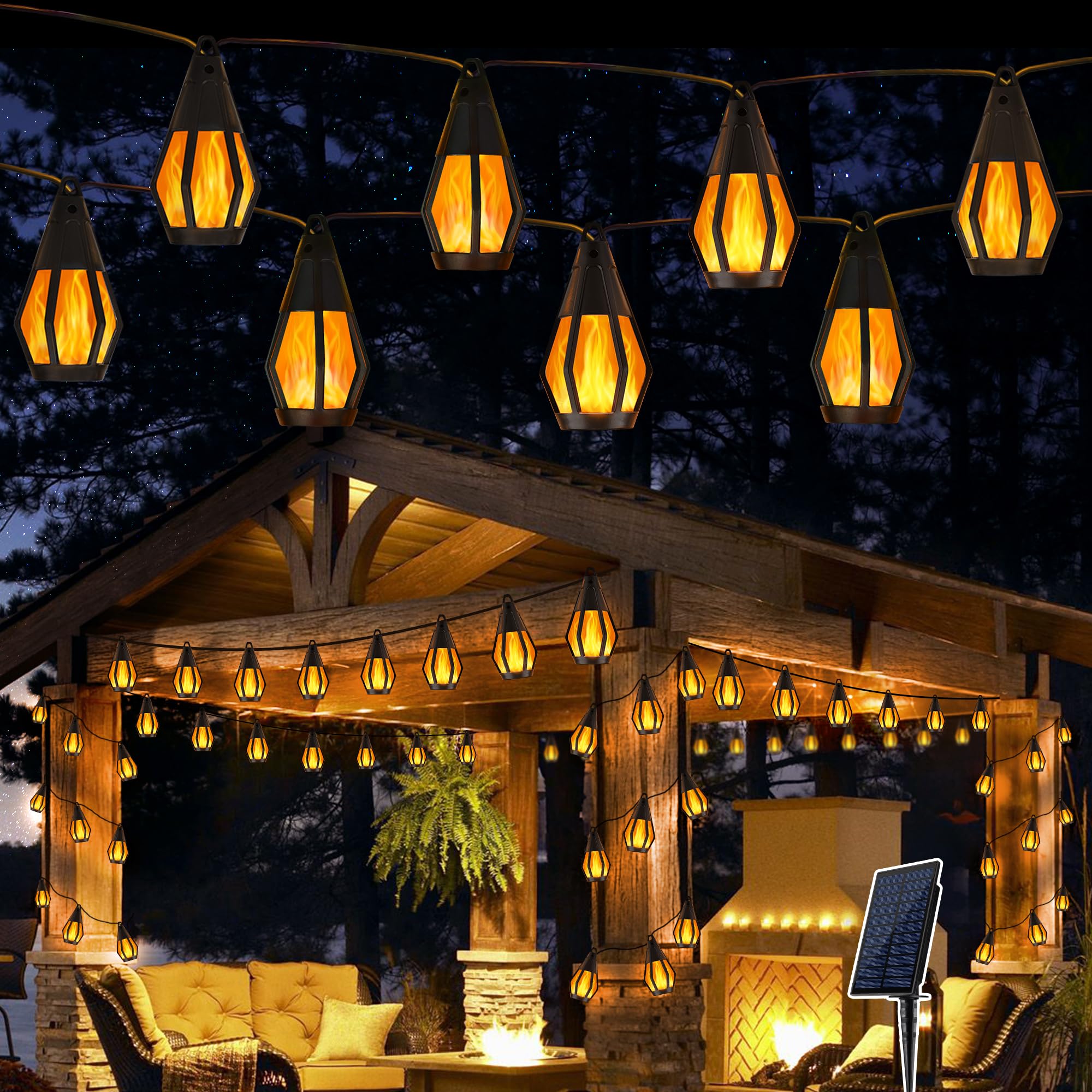 Geemoo Luces Solares Led Exterior Jardin, 6.3M Guirnaldas Luces Exterior Solar con 10 llamas Realistas, Impermeable Luces Solares Exterior para Jardin, Fiestas, Balcones, Patio, Halloween Decoracion