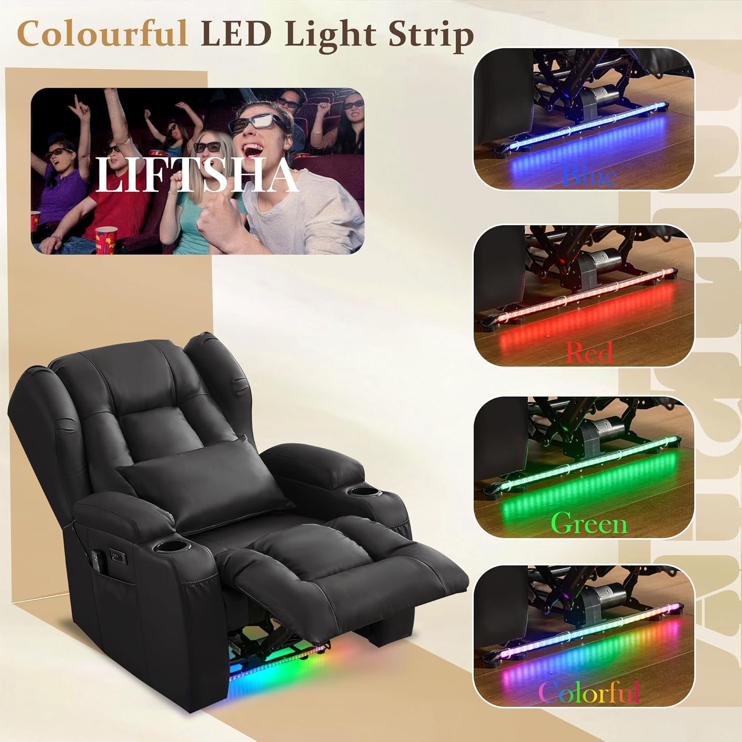 Power Recliner Chair, Electric Wall Hugger Reclining Sofa, Overstuffed Home Theater Seating with Massage, Heat, LED Lights, USB Port, Cup Holders for Living Room, Faux Leather, Black