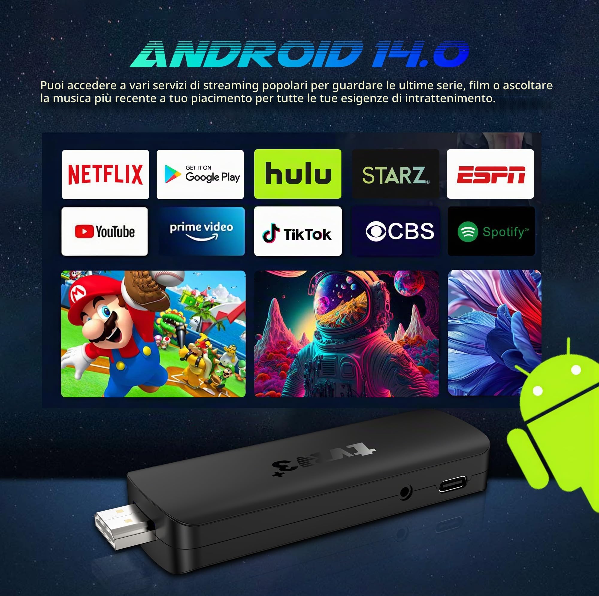 Android TV Stick 14.0,2026 2026 2 GB di memoria RK3518 Quad-Core 64bit Cortex-A53 Chipset e GPU Mali 450 MP2, Android 4K Stick Supporta 2.4G/5G WIFI dual-band Bluetooth5.4 HD2.0 USB3.0