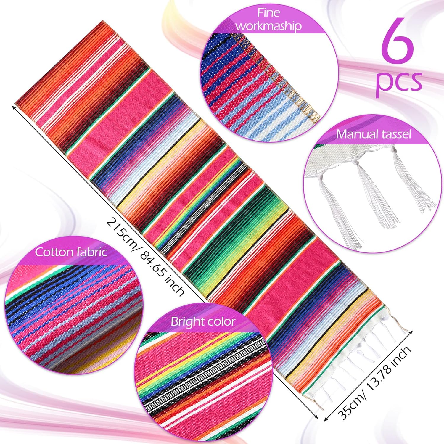 Tegeme 6 Pcs Mexican Table Runners 14 x 84 Inch Mexican Serape Table Runner Blanket Fringe Cotton Rainbow Fiesta Party Decoration for Cinco De Mayo Wedding Sarapes Mexicanos Boho (Novel Style)