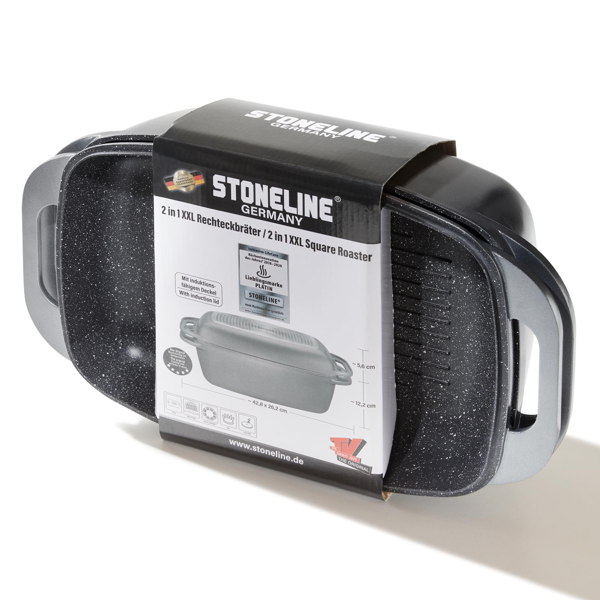 STONELINE Aluguss Bräter mit Deckel 43x26 cm, 8,4 L Bräter Induktion Backofengeeignet Für alle Herdarten, Deckel als Auflaufform verwendbar, Topf Antihaft Beschichtet mit echten Steinpartikeln, Grau