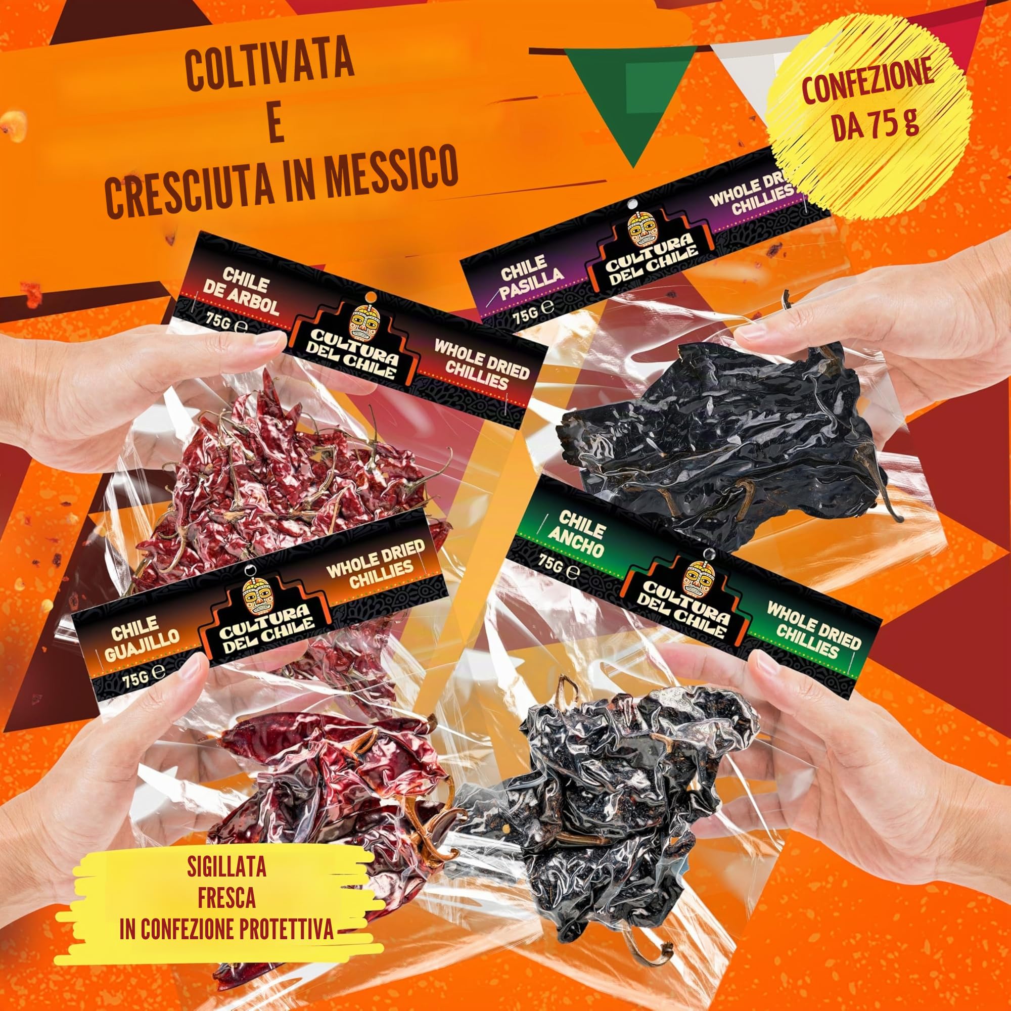 Pacchetto di peperoncini secchi interi messicani. Ancho, Guajillo, Arbol e Pasilla (300 g totali). Tutti peperoncini naturali per un autentico gusto messicano. Ottimo per tacos birria, talpa, tamales