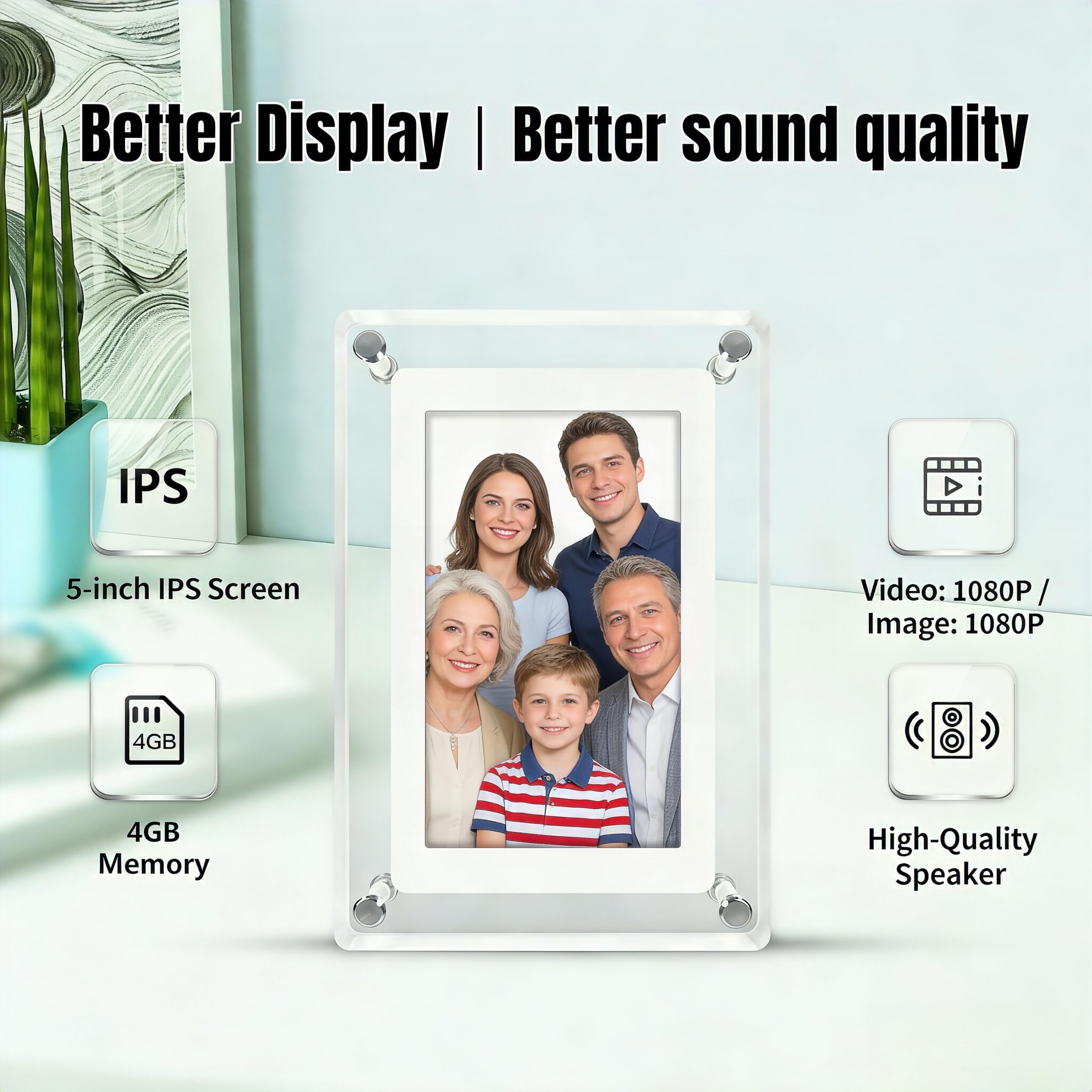 Cadre photo numérique en acrylique de 12,7 cm, mémoire 4G, rotation automatique à 360°, USB-C, cadre numérique et cadre photo numérique.