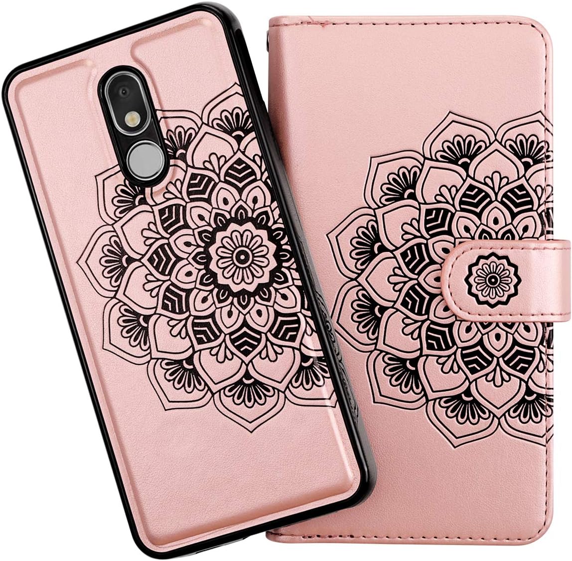 Vofolen 2-in-1 Case for LG Stylo 5 Case Wallet Card Holder Slot Detachable Strap Protective Slim Hard Shell Magnetic PU Leather Folio Pocket Flip Cover for LG Stylo 5 5V 5+ Plus Mandala Rose Gold