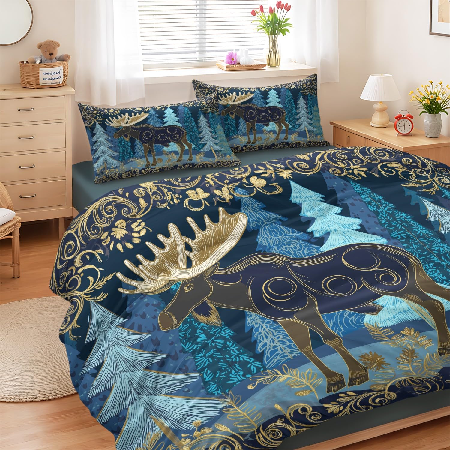 Housse de couette élan 220 x 240 avec drap-housse imprimé plantes pour lit enfant mixte