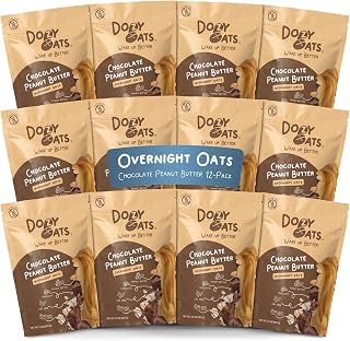 Dozy Oats Overnight Oatmeal Packets, Chocolate Peanut Butter Multipack with Rolled Oats, Chia Seeds, and Date Powder. Gluten-Free, Natural Source of Protein and Fiber, 12-Pack