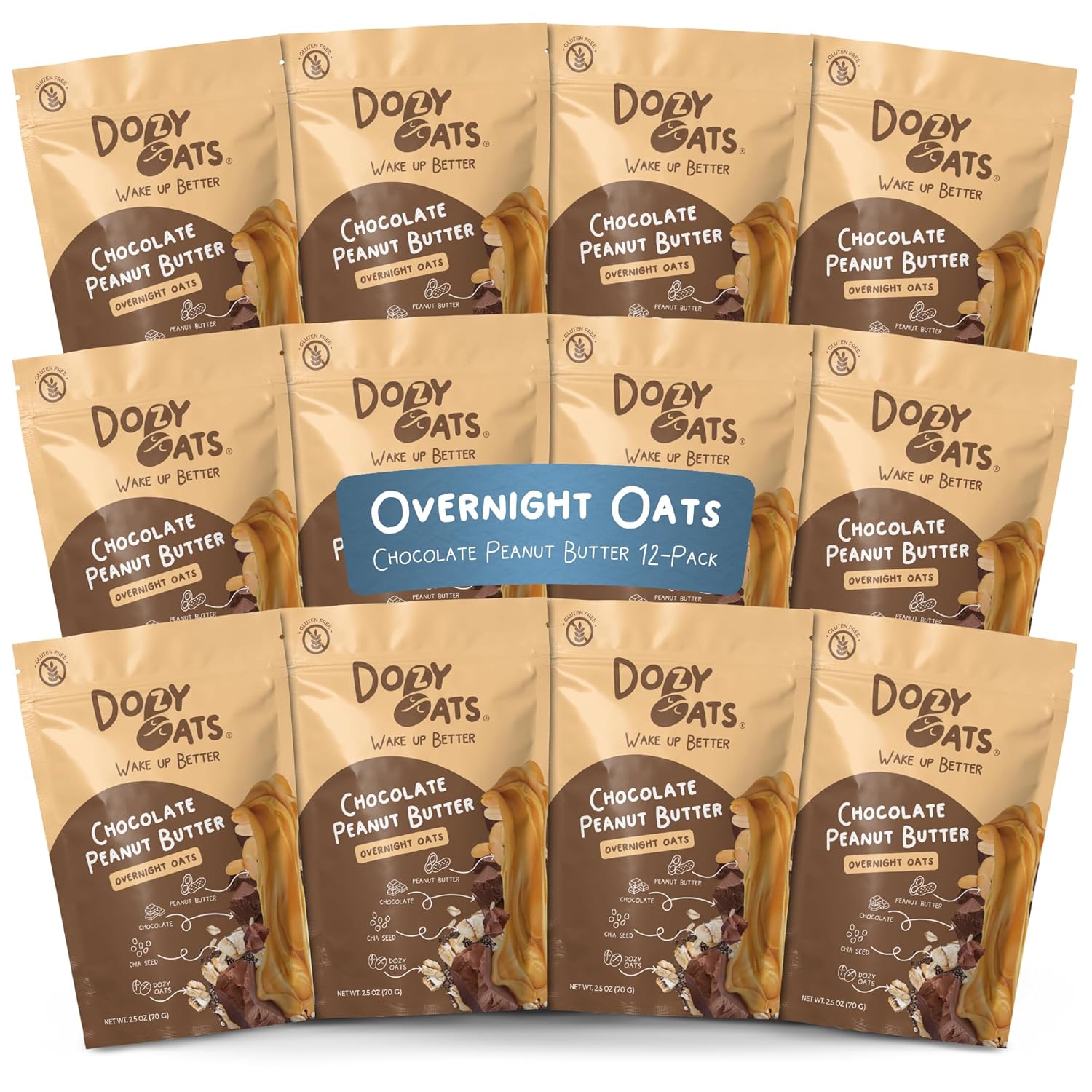 Dozy Oats Overnight Oatmeal Packets, Chocolate Peanut Butter Multipack with Rolled Oats, Chia Seeds, and Date Powder. Gluten-Free, Natural Source of Protein and Fiber, 12-Pack