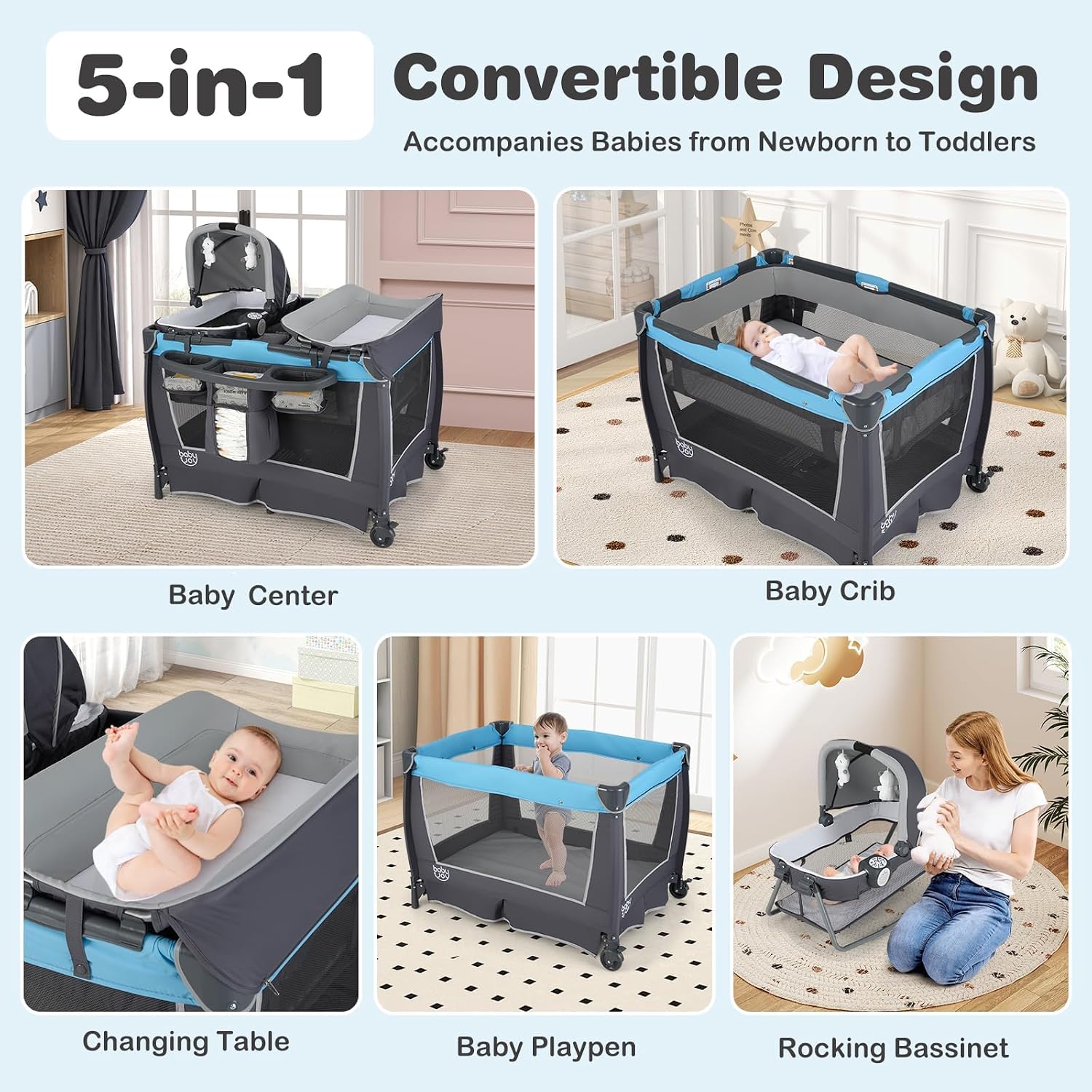 BABY JOY 5 in 1 Pack and Play, Portable Baby Playard w/Bassinet & Diaper Changing Table, Bag, Infant Bassinet Crib Activity Center for Baby Toddlers Indoor Outdoor (Royal Blue, Classic)