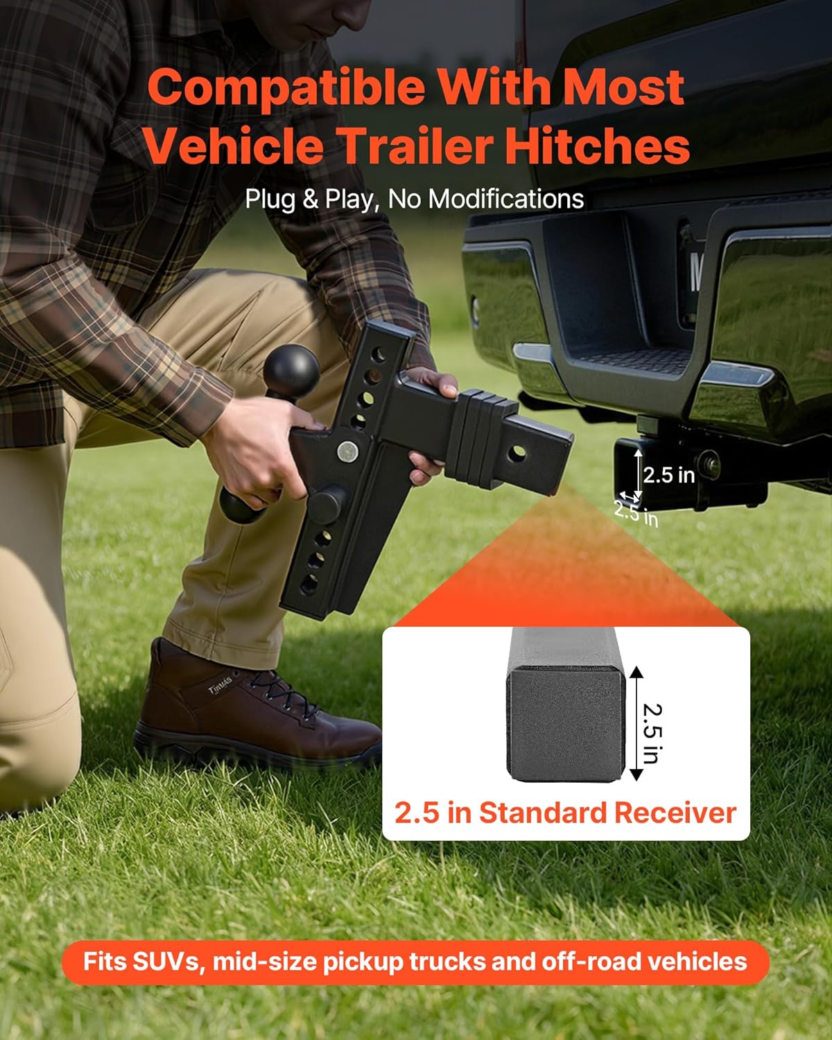 VEVOR Adjustable Trailer Hitch, Fit 2.5 Inch Receiver, Trailer Hitch Mount with 2 Inch & 2-5/16 Inch Balls, 28000 lbs GTW, 8 Inch Drop, Towing Ball Mounts for RVs, Off-Road Vehicles and Trucks, Black