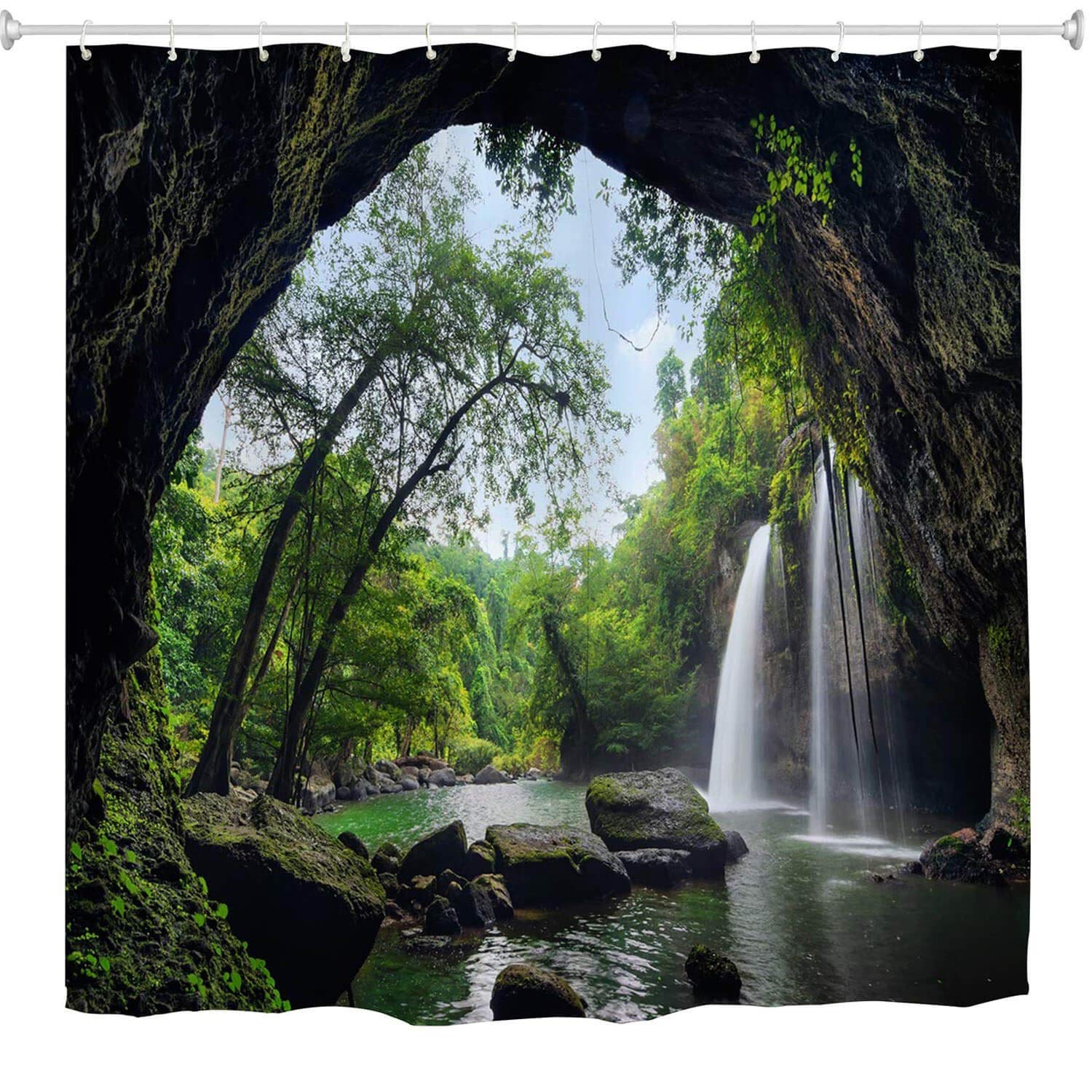 JOOCAR Shower Curtain, Nature Waterfall Summer Cave in Waterfall National Park Thailand Forest Jungle Rocky Scene Landscape Set, Waterproof Cloth Fabric Bathroom Decor Set with Hooks, 72x72 Inch