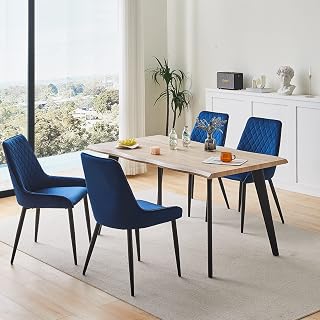 TUKAILAi Dining Table and Chairs Set 4, 140cm Oak Effect Kitchen Table and Blue Velvet Dining Chairs with Metal Legs for Home Dining Room Furniture