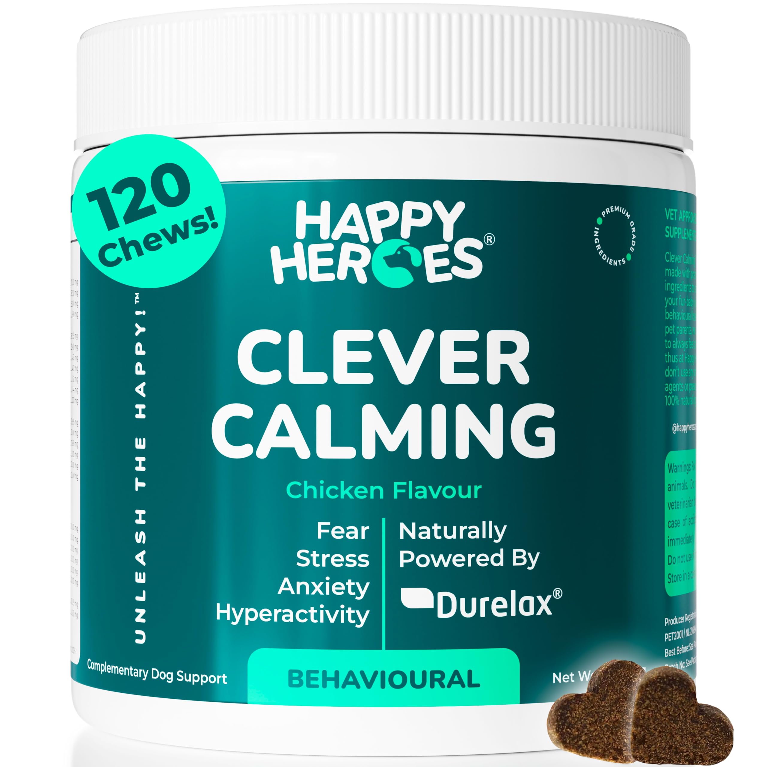 Happy Heroes - Clever Calming Dog Treats, 100% Natural Supplement, Behavioural Health, For Dog Anxiety Relief, Stress, Fear, Hyperactivity, Reactivity, Aggression. Clinically Powered By Durelax.