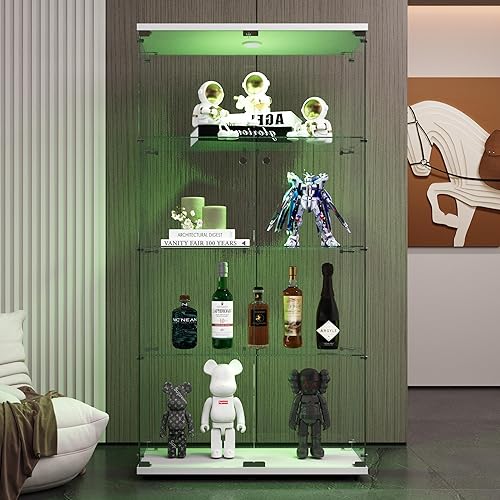Miniatura 279 de Vitrina de cristal con 4 estantes con tira de luces LED y cerradura, vitrina de vitrina con ruedas y 1 puerta, vitrina de vidrio templado para sala