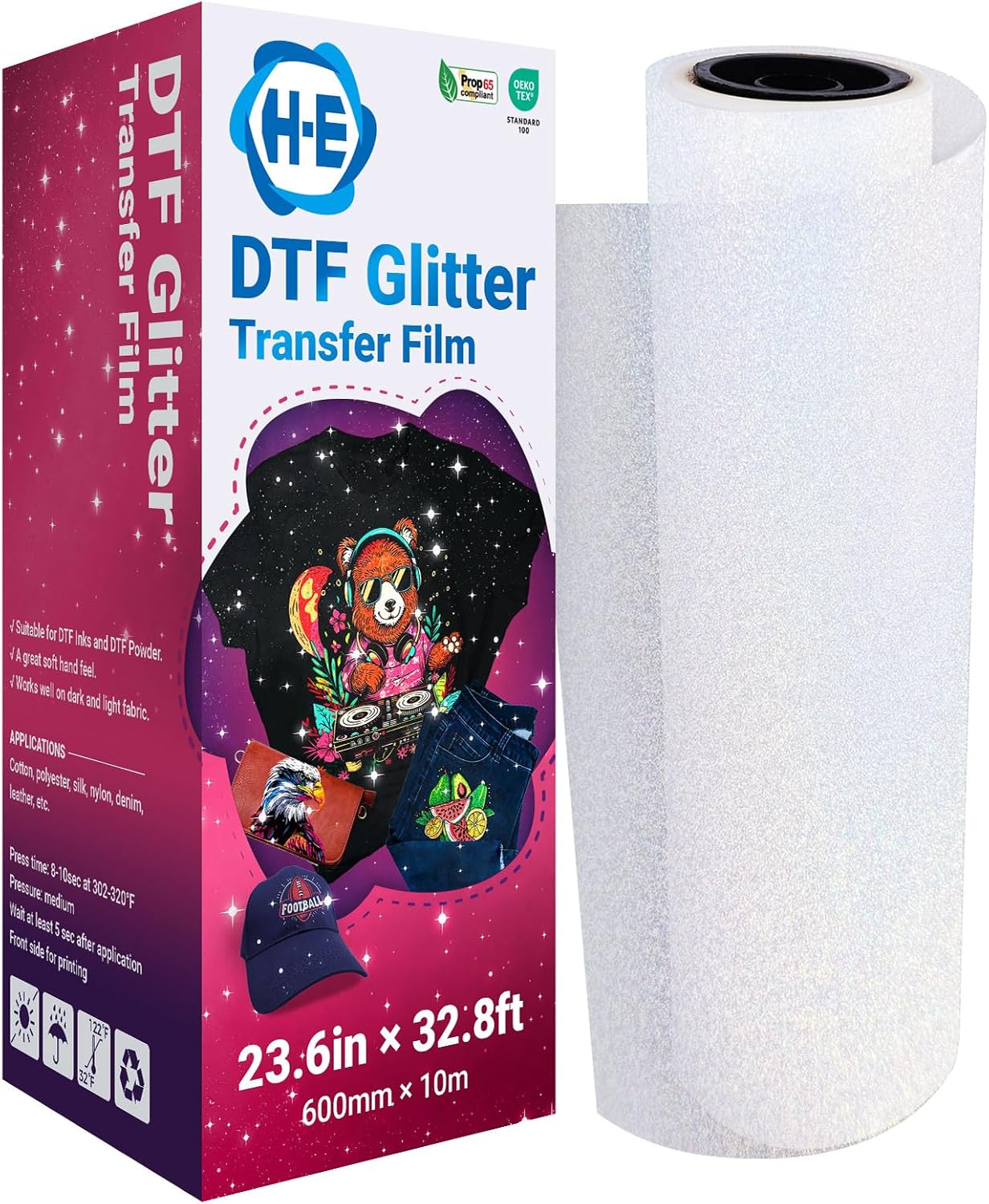 H-E DTF Glitter Transfer Film 23.6in x 32.8ft Glitter DTF Film Roll, Cold Peel Glossy DTF Glitter Film for Direct to Film Printing DIY