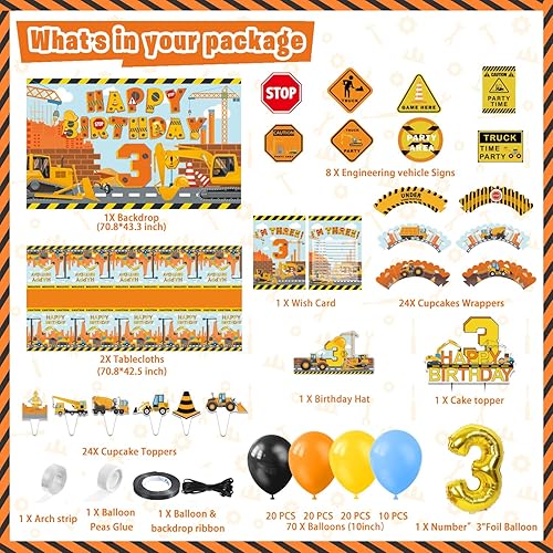 Miniatura 2 de Suministros de fiesta de cumpleaños de construcción para 3, 136 piezas, decoraciones de fiesta de camiones volquete para niños bebés, telón de