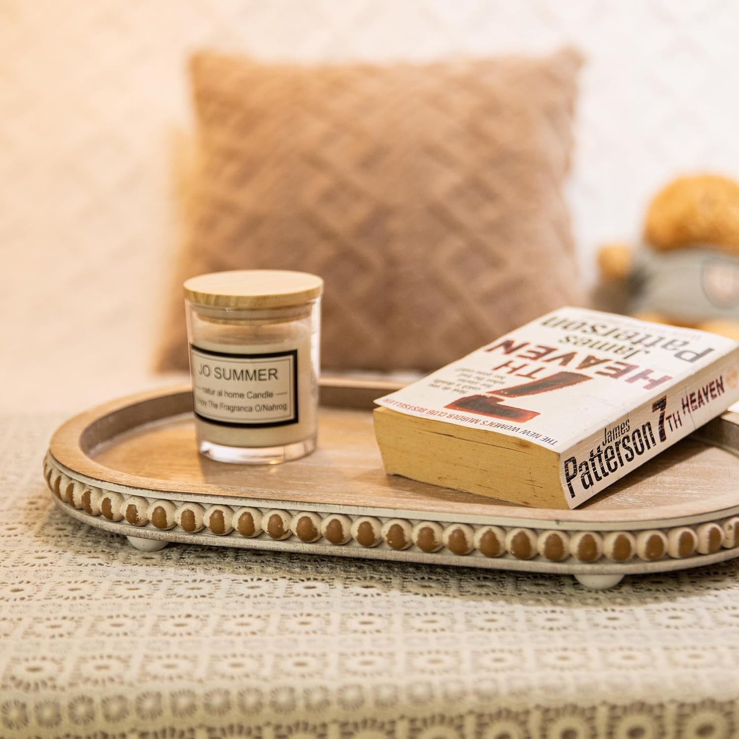 HPC Decor 15in Oval Tray for Home Decor - Brown Wood Beaded Tray - Decorative Serving Tray,Rustic Farmhouse Wooden Trays for Vintage Centerpiece,Kitchen Counter,Living Room Decor,Coffee Table Decor. - Image 3