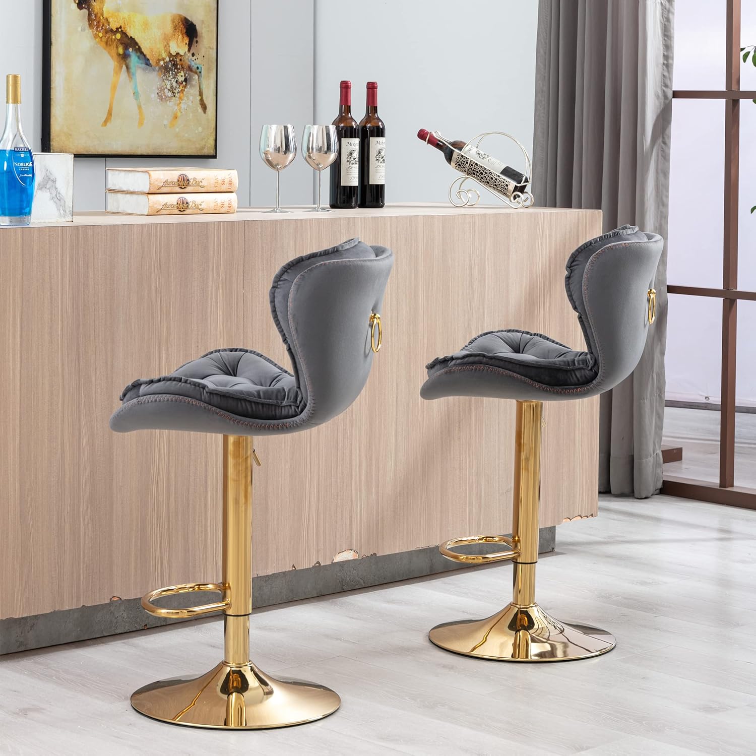 Swivel Bar Stools Set of 2,Modern Velvet Counter Height Adjustable Stools,360 Degree Tufted Bar Chairs Bar Stool with Back & Gold Metal Base for Kitchen Island,Pub,Cafe,Grey