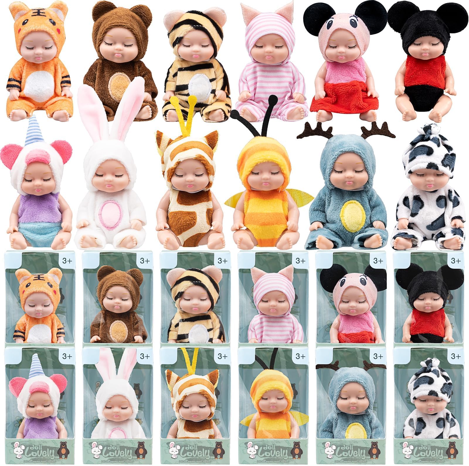 12 Pack Mini Baby Dolls, Realistic Tiny Dolls with Animal Outfits, Small Reborn Babies for Girls & Toddlers, Ideal Party Bag Fillers, Easter Egg Hunt Prizes & Birthday Gifts