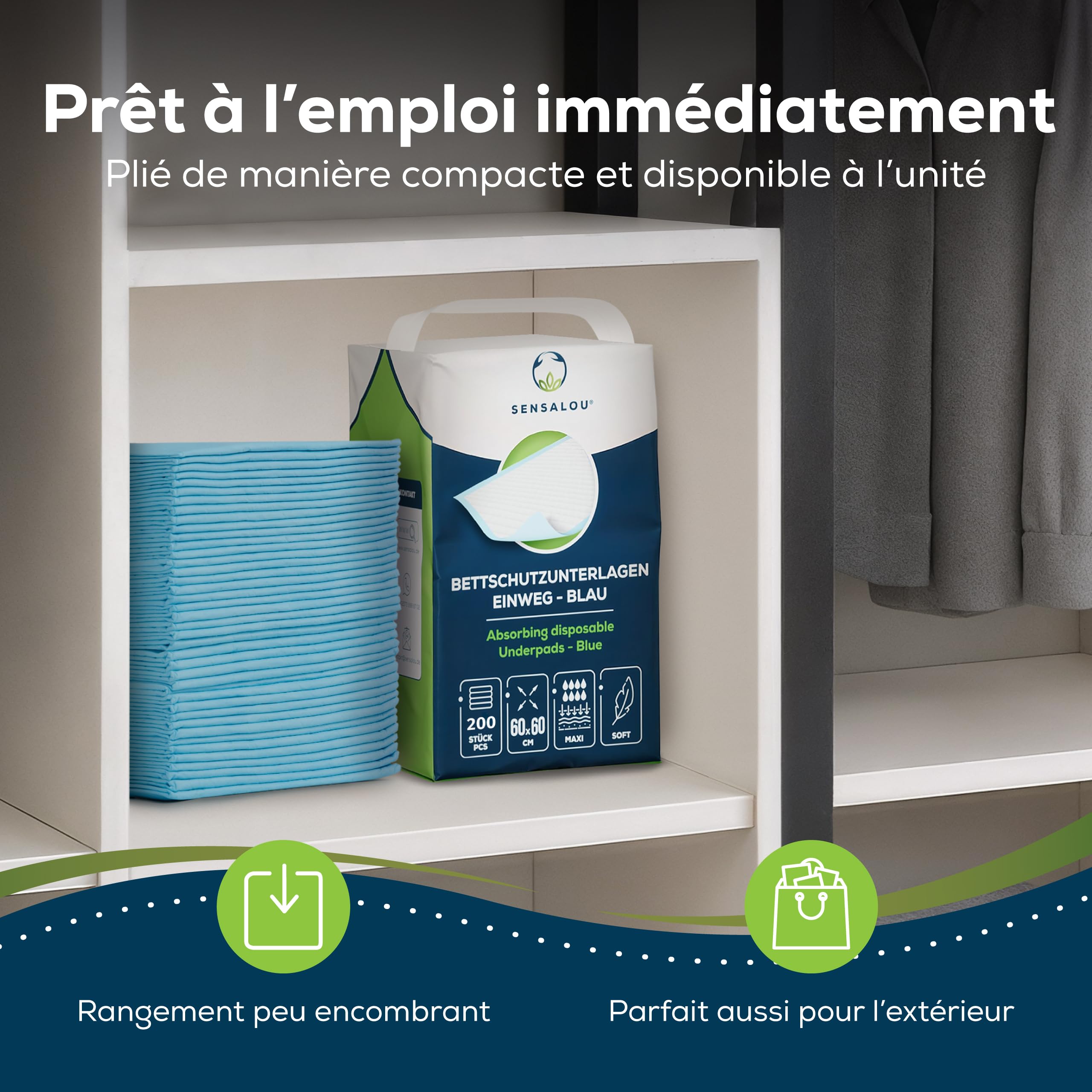 Sensalou Alèses Jetables 60x60 cm – 50 Pièces – Alèses Imperméables et Absorbantes pour Bébé, Incontinence, Seniors, Animaux, Lit, Soins à Domicile, Protection Hygiénique, Tapis de Change