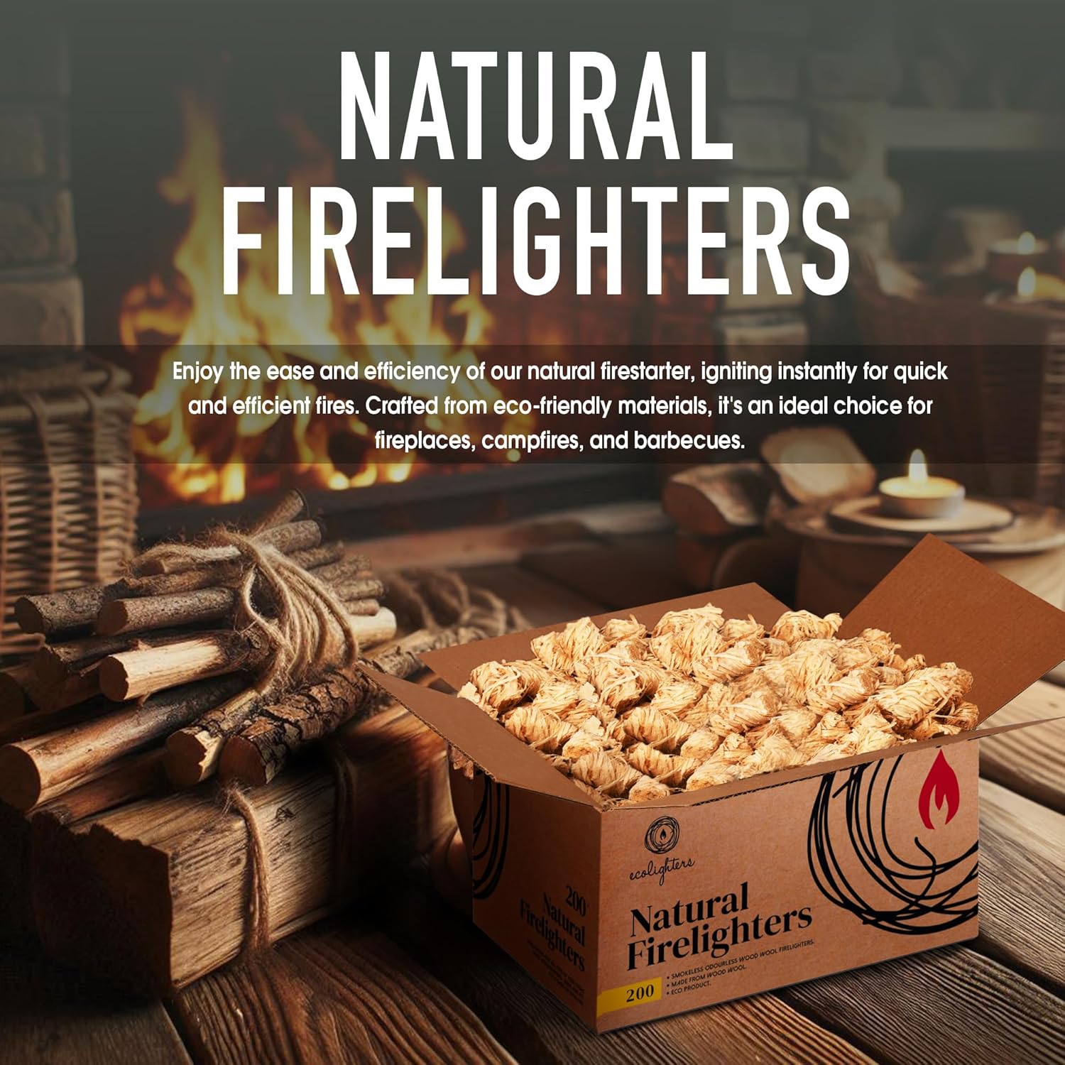 200 Natural Firelighters for Wood Burners, Fire Lighters, Firelighter for Stove, BBQ cooking, Wood Wool Fire Starters for Stoves and Wood Burner - Barbecue, Fire Pit, Pizza Oven. Large Box, 2.2KG - 2
