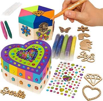 GirlZone Jewelry & Treasure Box, DIY Jewelry Box, DIY Craft for Kids Include Wooden Boxes, Shapes, Acrylic Paint Pens, Gem Stickers & Table Cover, Ideal Painting Crafts for Girls, Valentine Gifts