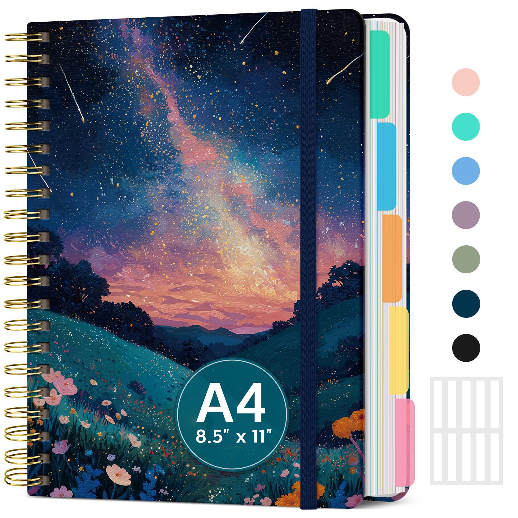 Grande quaderno a spirale per lavoro con divisori e linguette, 21,6 x 27,9 cm, copertina rigida, 5 soggetti, a righe, 280 pagine, petali cosmici