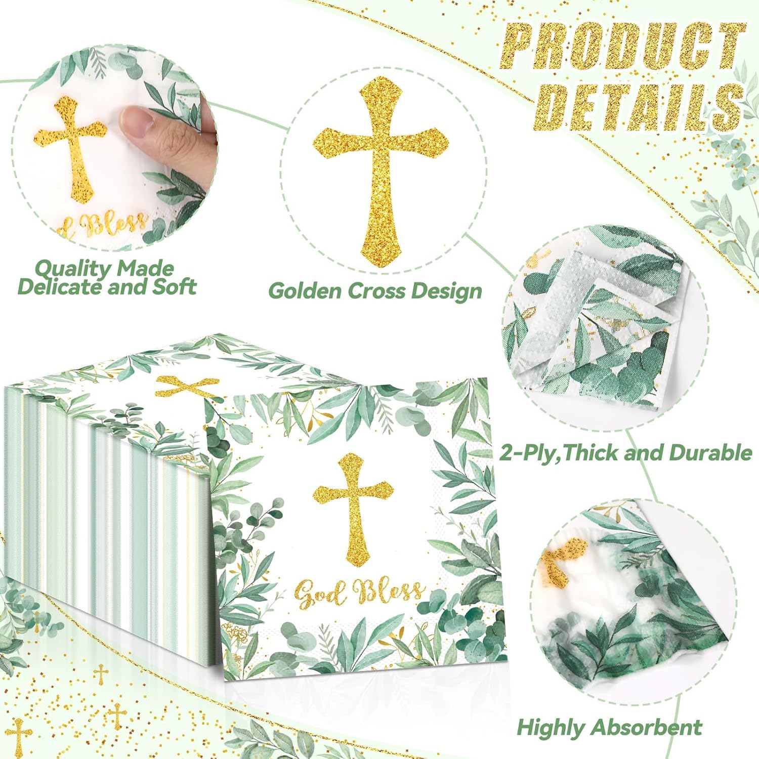 100Pcs God Bless Baptism Napkins First Holy Communion Mi Bautizo Napkins Cross Religious Paper Serviettes for Newborn Baby Shower Party Christening Religious Party Decorations