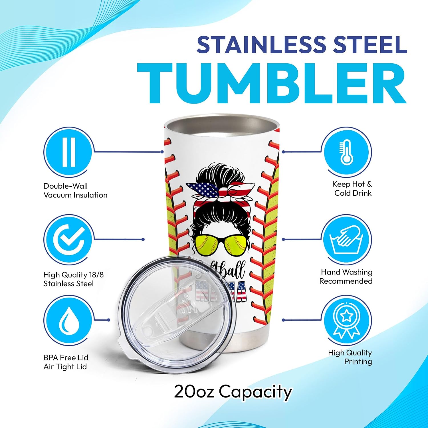 Hyturtle Personalized Patriotic Softball Mama Tumbler For Lover - Softball Mom Gift For Women - Softball Gifts - 4th Of July Gift For Independence Day - Custom Tumbler 20oz Stainless Steel Coffee Cup
