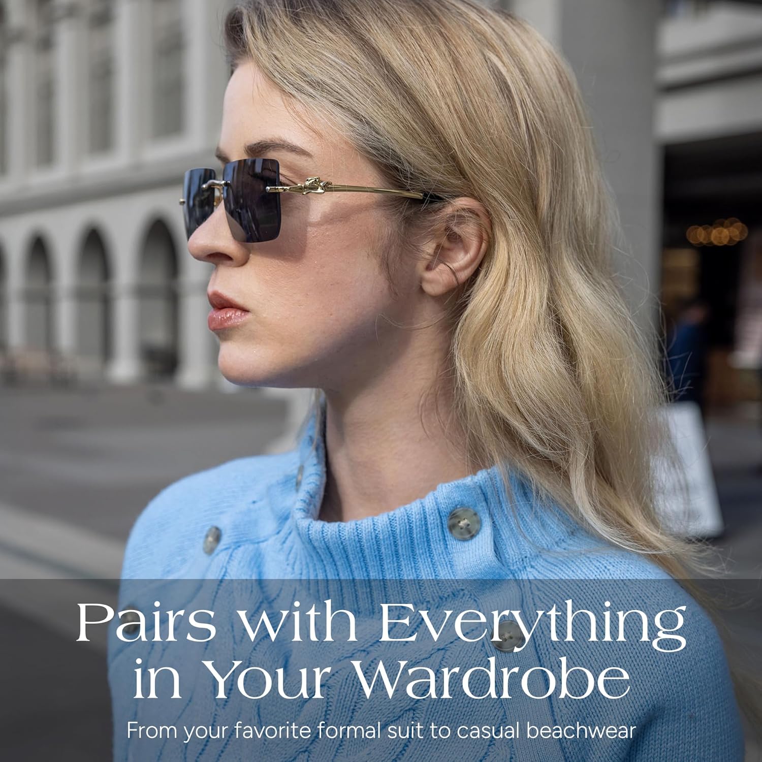 Navigator Style Black Modern Rectangle Sunglasses - Polarized, No Frame Fashion Sunglasses for Women - Adjustable Nose Pads, Gold Bridge, and Gold Temples with Comfortable Black Tips