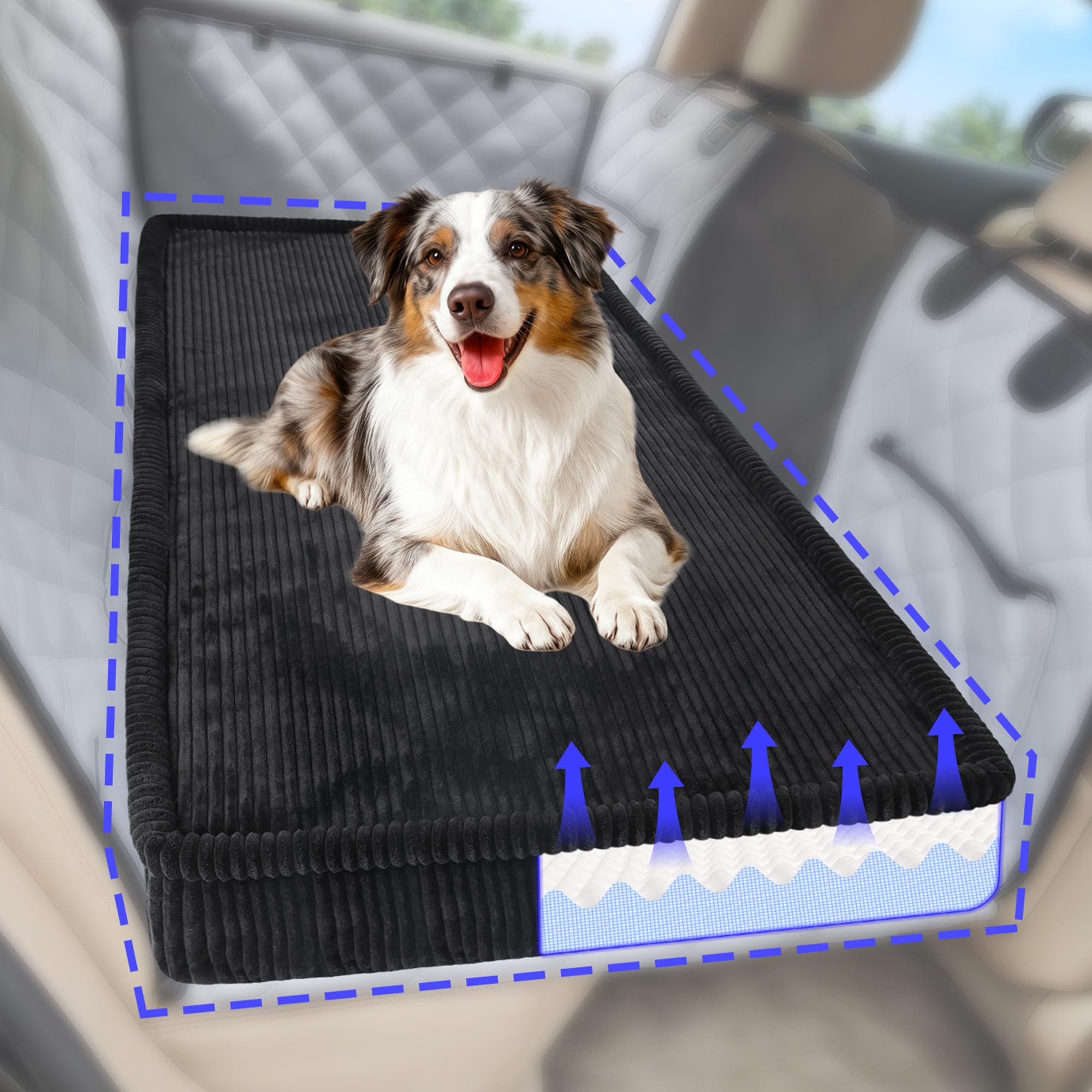 Loiion Thickened 4 in Orthopedic Dog Car Bed, Non-Slip Backseat Pet Mat, Removable Washable for SUVs/Sedans/Trucks, Plush Comfort for Large/Senior Dogs, Easy Clean (Black, XL（56" Lx28.7 M×4" H)