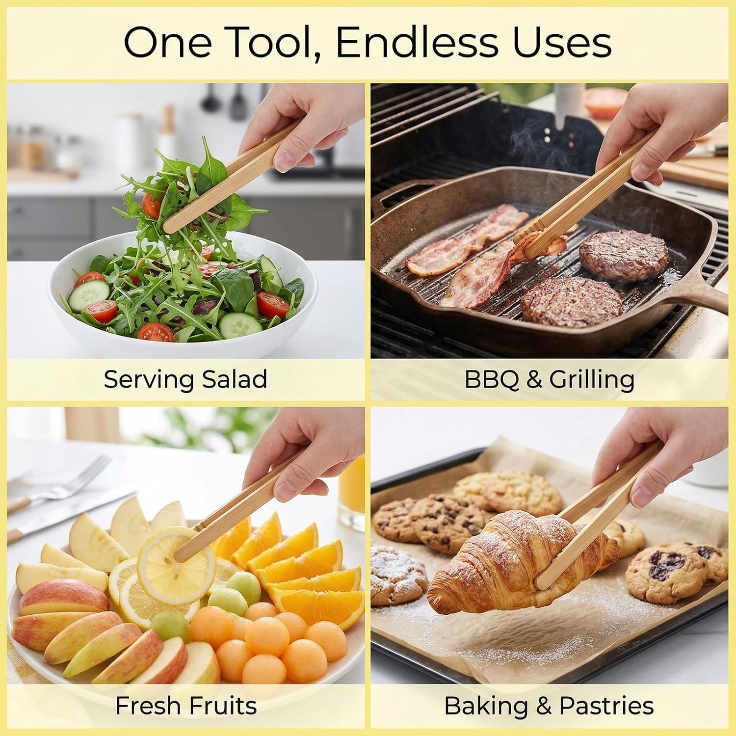 JJUNW 12 Pcs Bamboo Tongs, 7 Inch Bamboo Kitchen Utensil Tongs Reusable Bamboo Toast Tongs for Serving Pickle Muffin, Cheese Fruits Salad, Toast & Bread