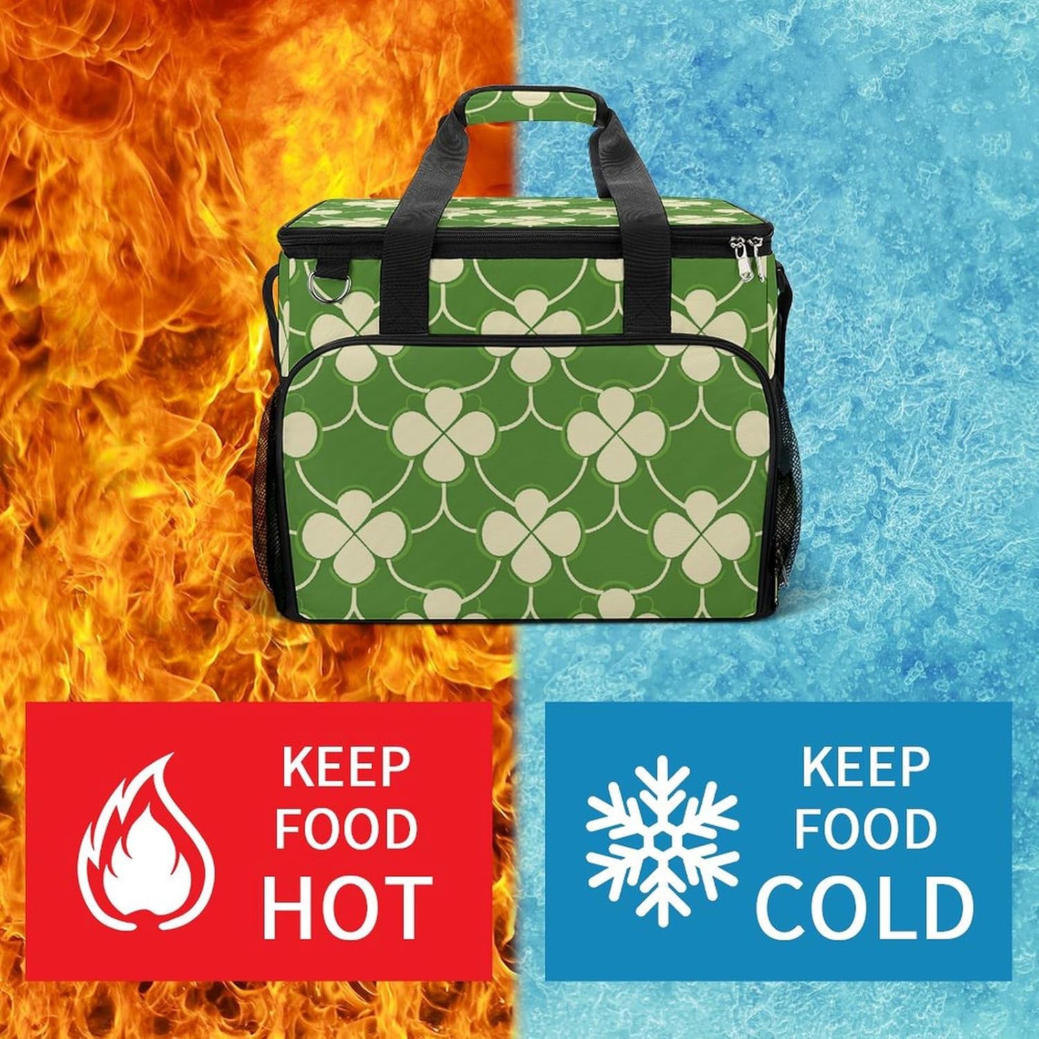 Portable Camping Cooler Pack,Green Flower Pattern Print Reusable Lunch Pack,Outdoor Large Capacity Picnic Pack