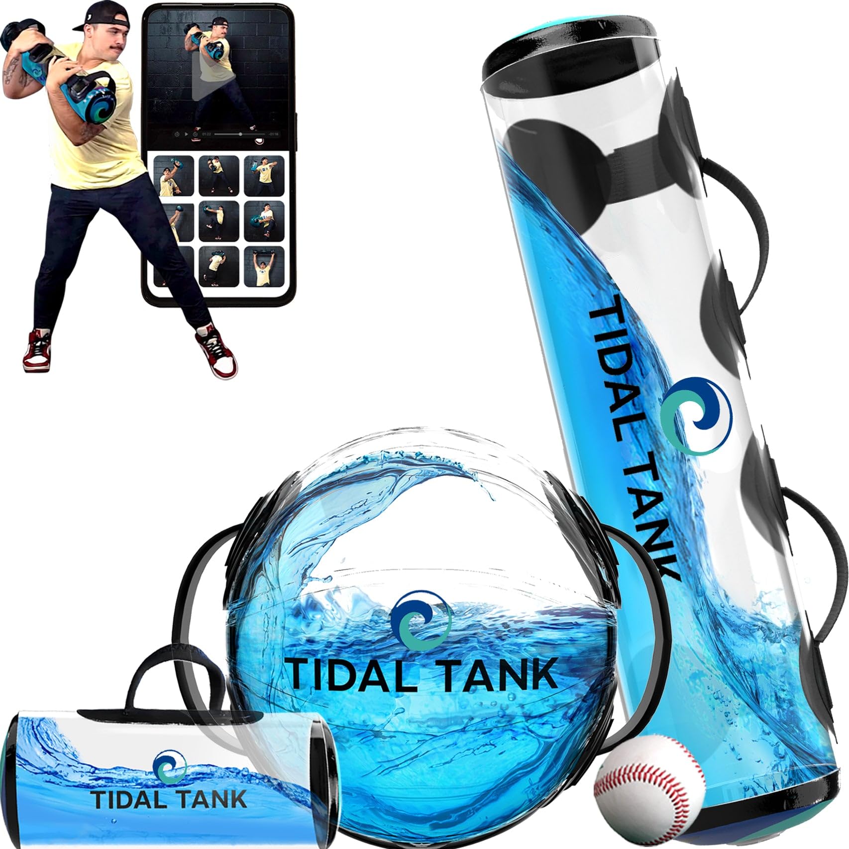 Tidal Tank Baseball Bundle 2.0: Versatile Training aid Equipment with Adjustable Water Filled Weight & Aqua Bag for Athletes and Coaches - 49 lbs Tube + 55 lbs Sphere + 10 lbs Hydroball