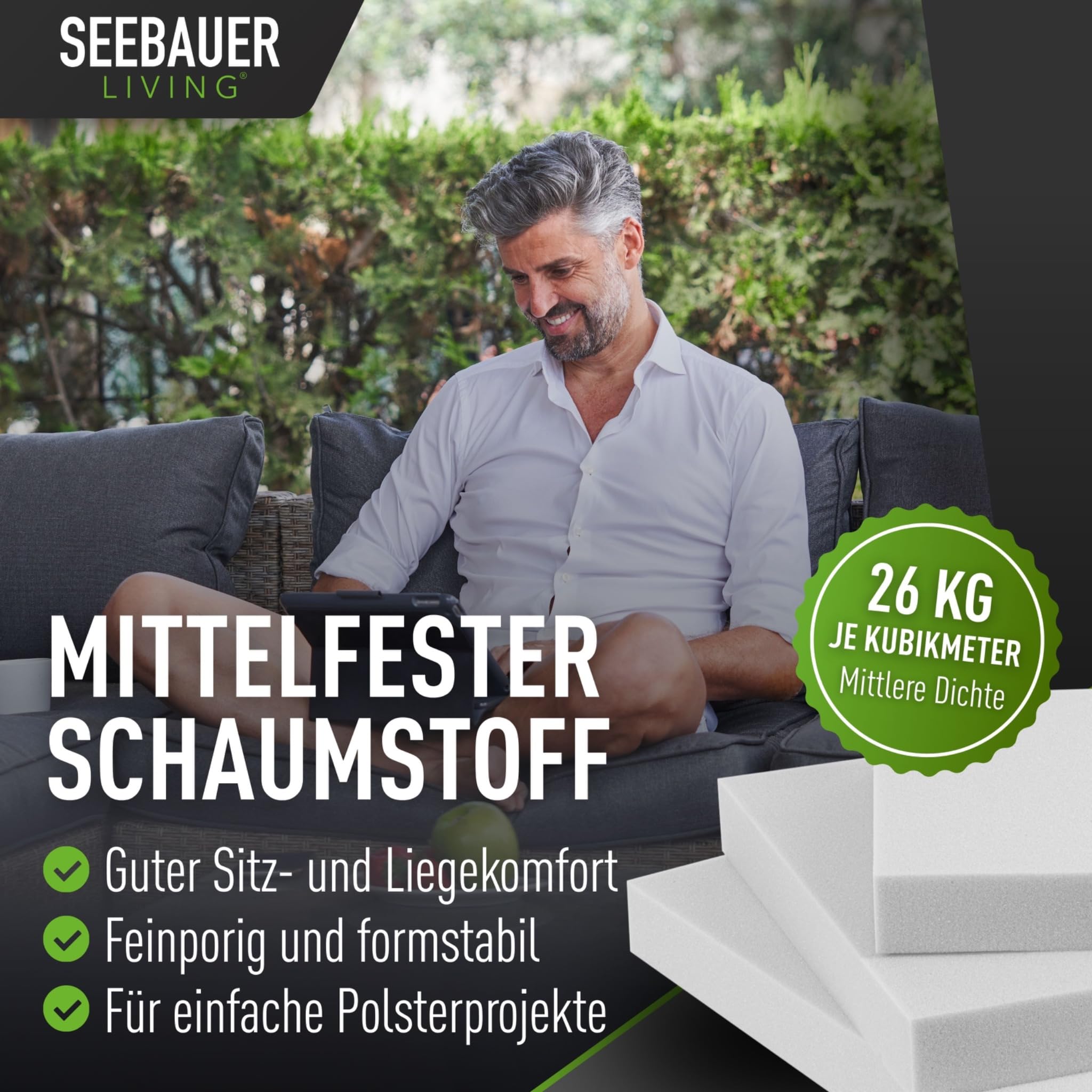 Schaumstoff Light RG 26/40 (Mittelfest) 40 x 40 x 2 cm Schaumstoffplatte für Polster und Sitzkissen, Polsterschaumstoff als Zuschnitt für Sitzpolster
