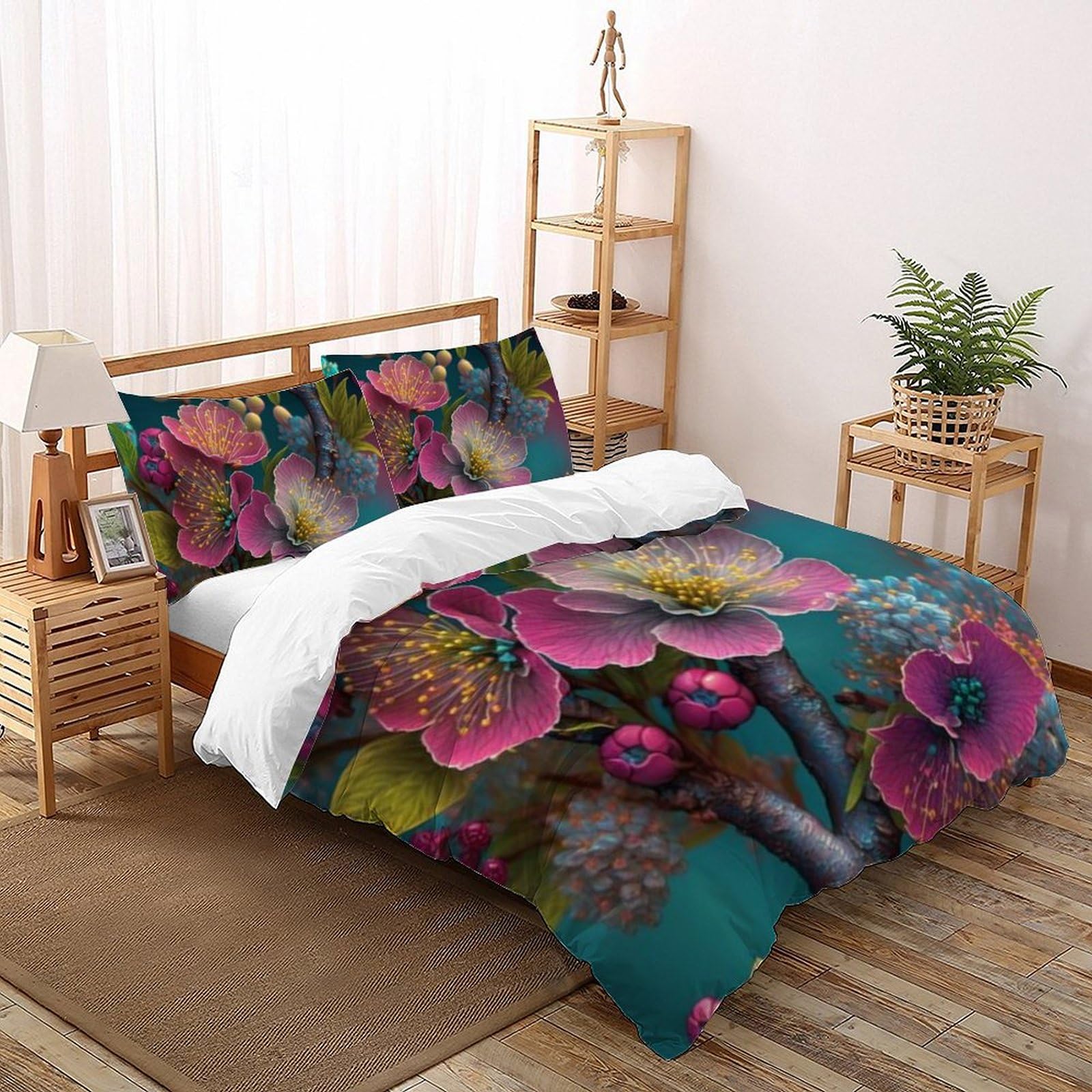 Housse de couette Super King 260x220 imprimé fleurs roses et plantes
