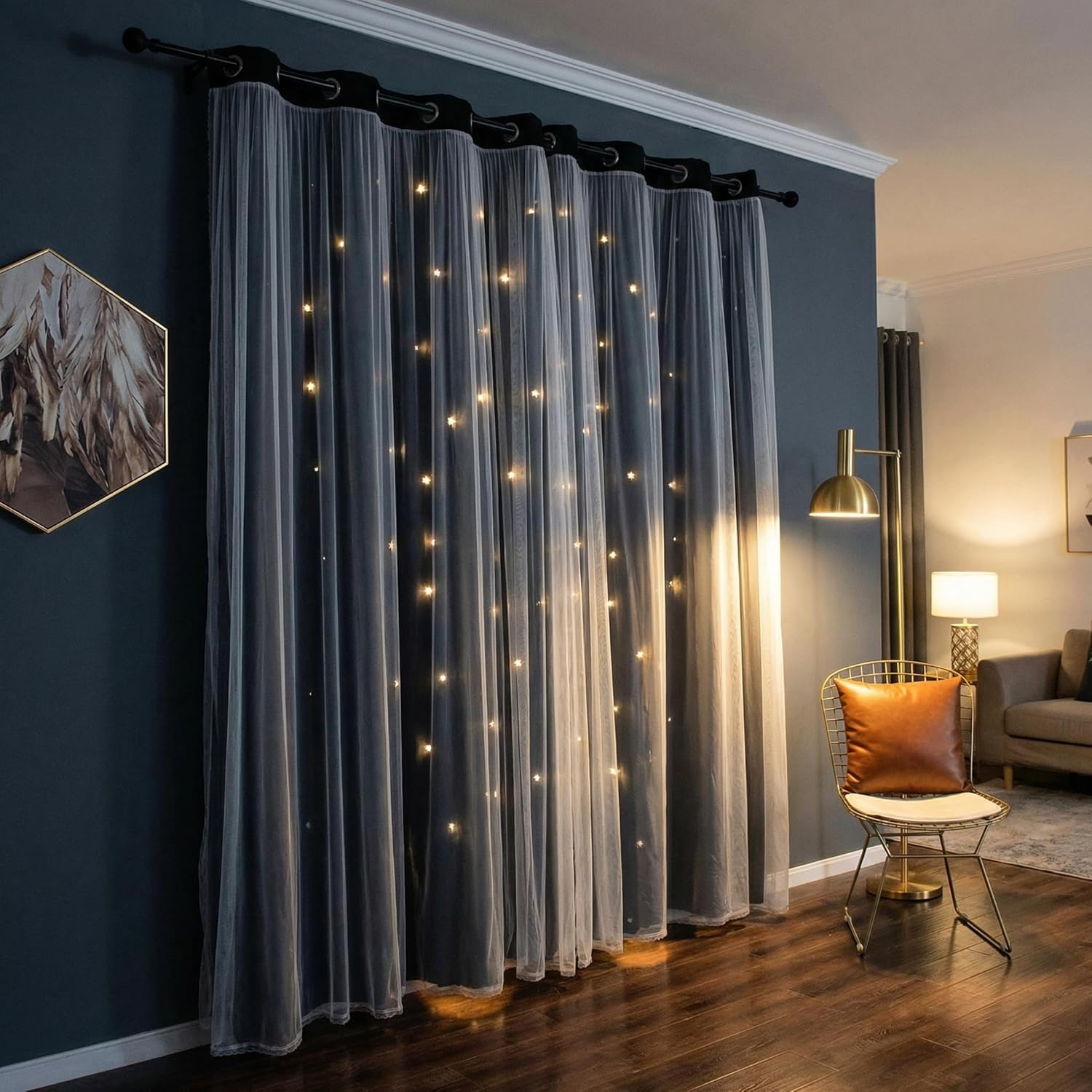 Kinryb Grey Star Curtains for Bedroom Star Hollow Out Blackout Curtains for Kids Room Decor Double Layer Cut Out Window 2 Panel with Tiebacks 52W x 84L Grey
