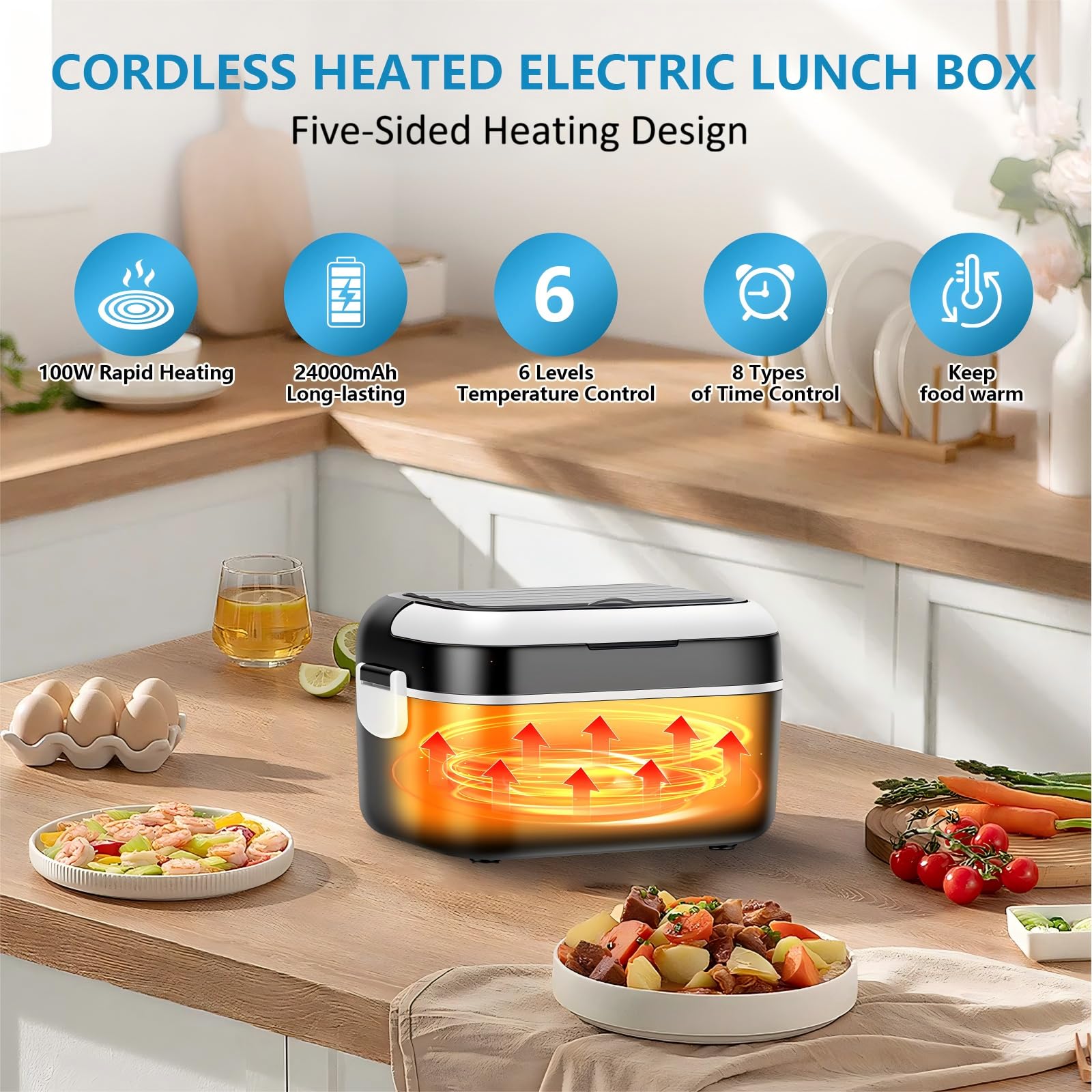 Elettrico Portatile Heated Lunch Box, 27000mAh Scaldavivande a Batteria Ricaricabile, 1.5L Porta Pranzo Riscaldabile con Timer e Regolazione della temperatura, Per Ufficio, Cantiere, Viaggio, Auto