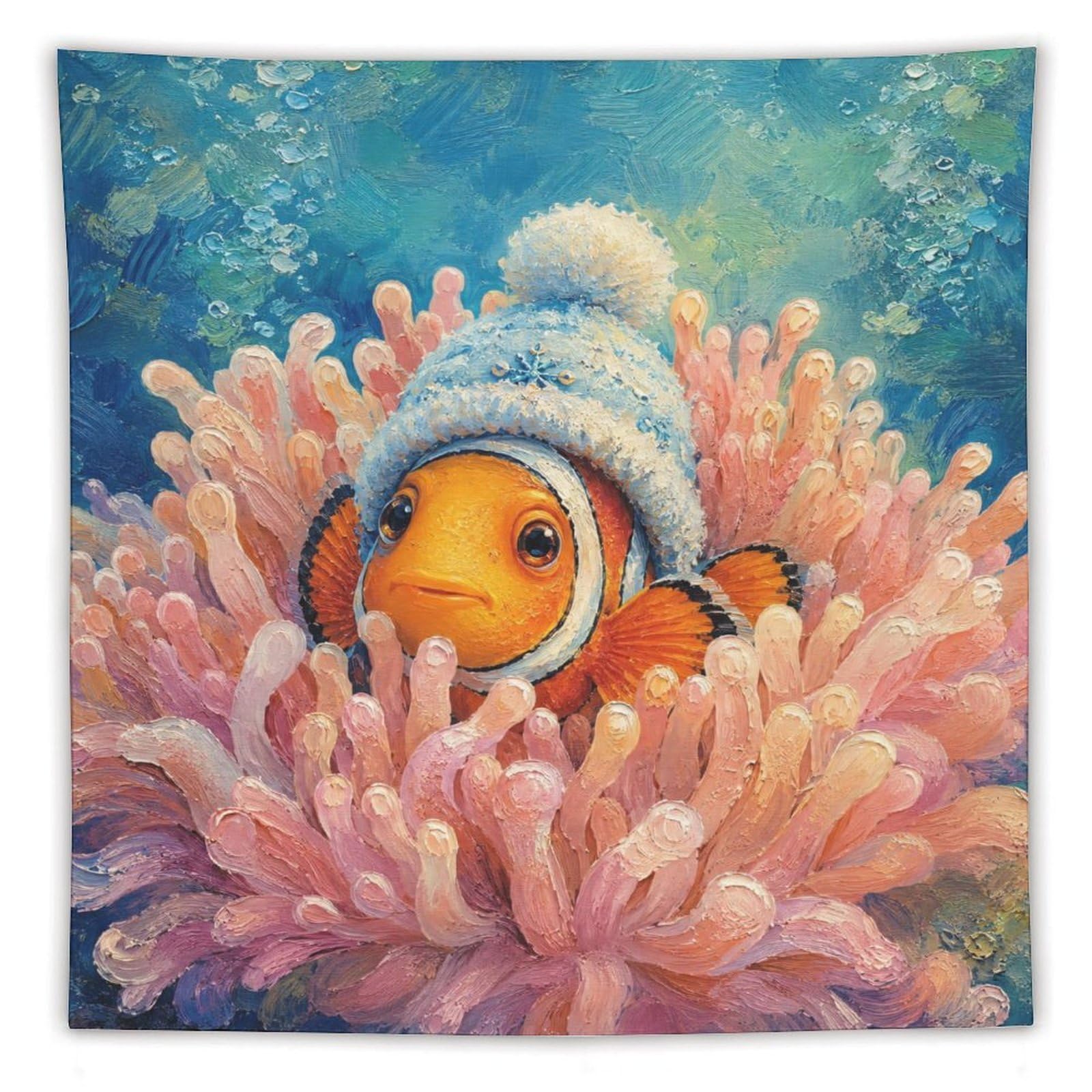 H3B8U2Y5 Clownfish Winter Beanie Wall Tapestry, Detailed Illustration