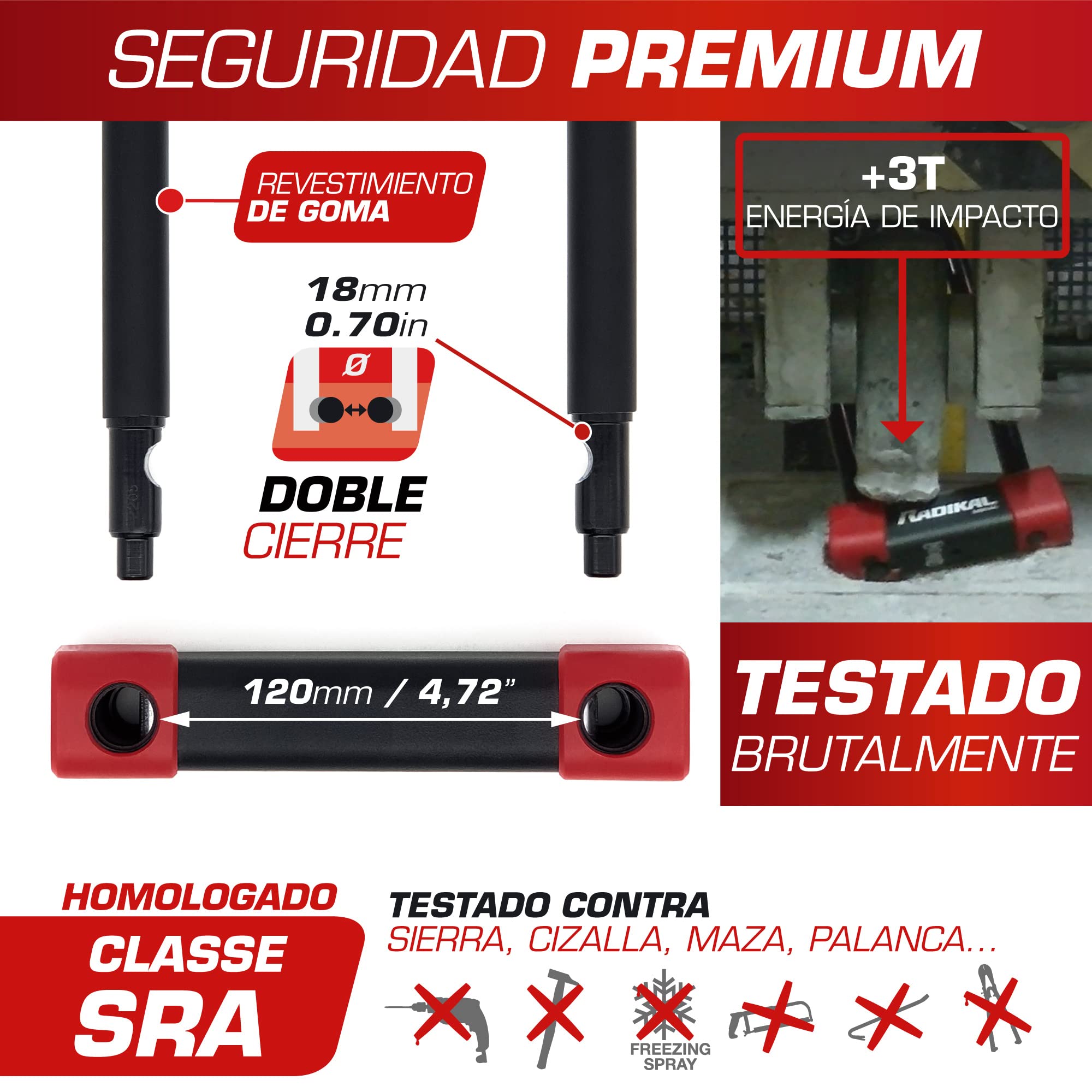 RADIKAL RK120310 Candado Moto U Premium Homologado SRA, 120x310mm Más Opciones Bloqueo, Arco ø18mm Acero Cementado Revestido de Doble Cierre, Cerradura Antirrobo U Lock Scooter, Bici Eléctrica