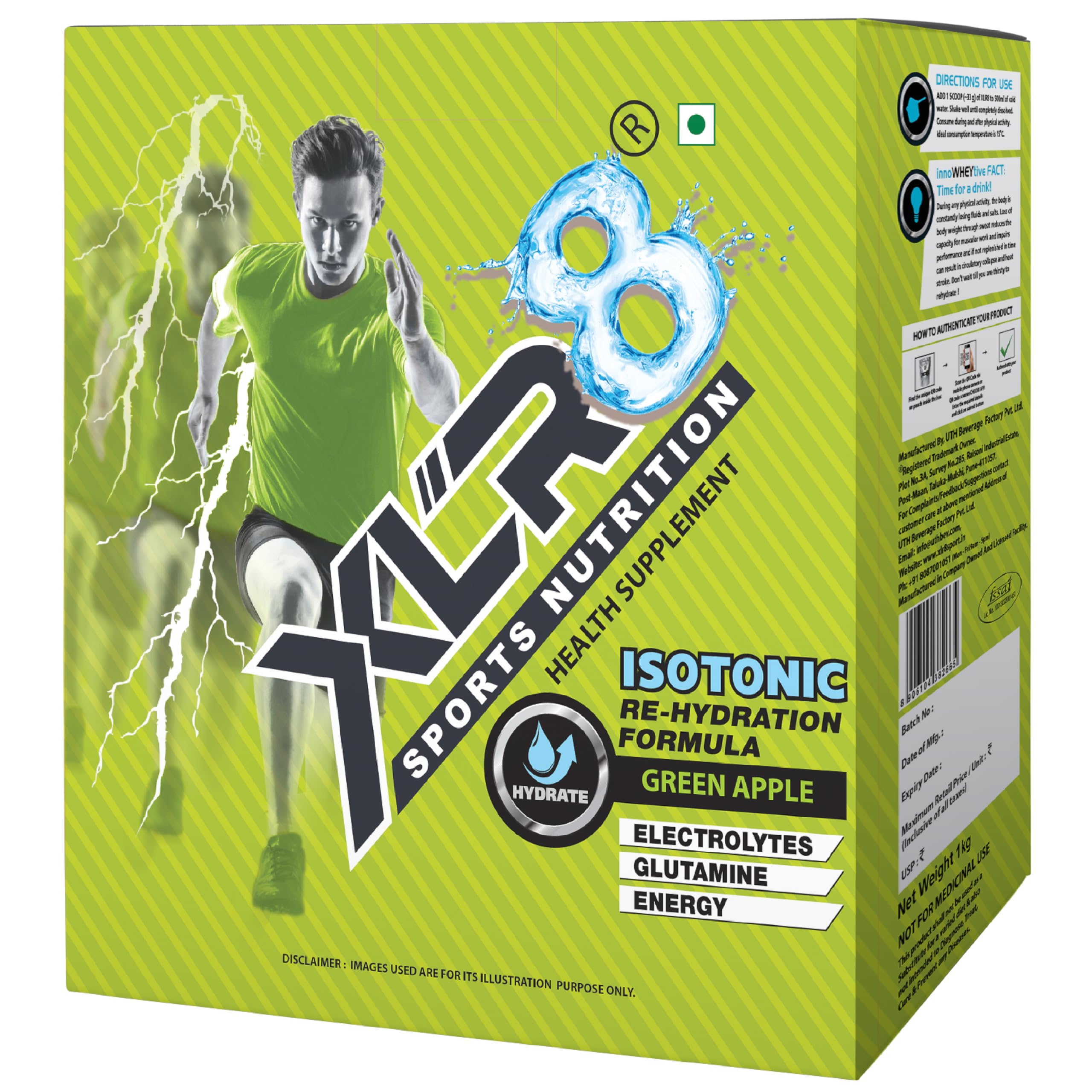 XLR8 Electrolytes Hydration Powder Isotonic Instant Energy Drink Mix with Sodium, Potassium & Magnesium (1Kg, Green Apple)