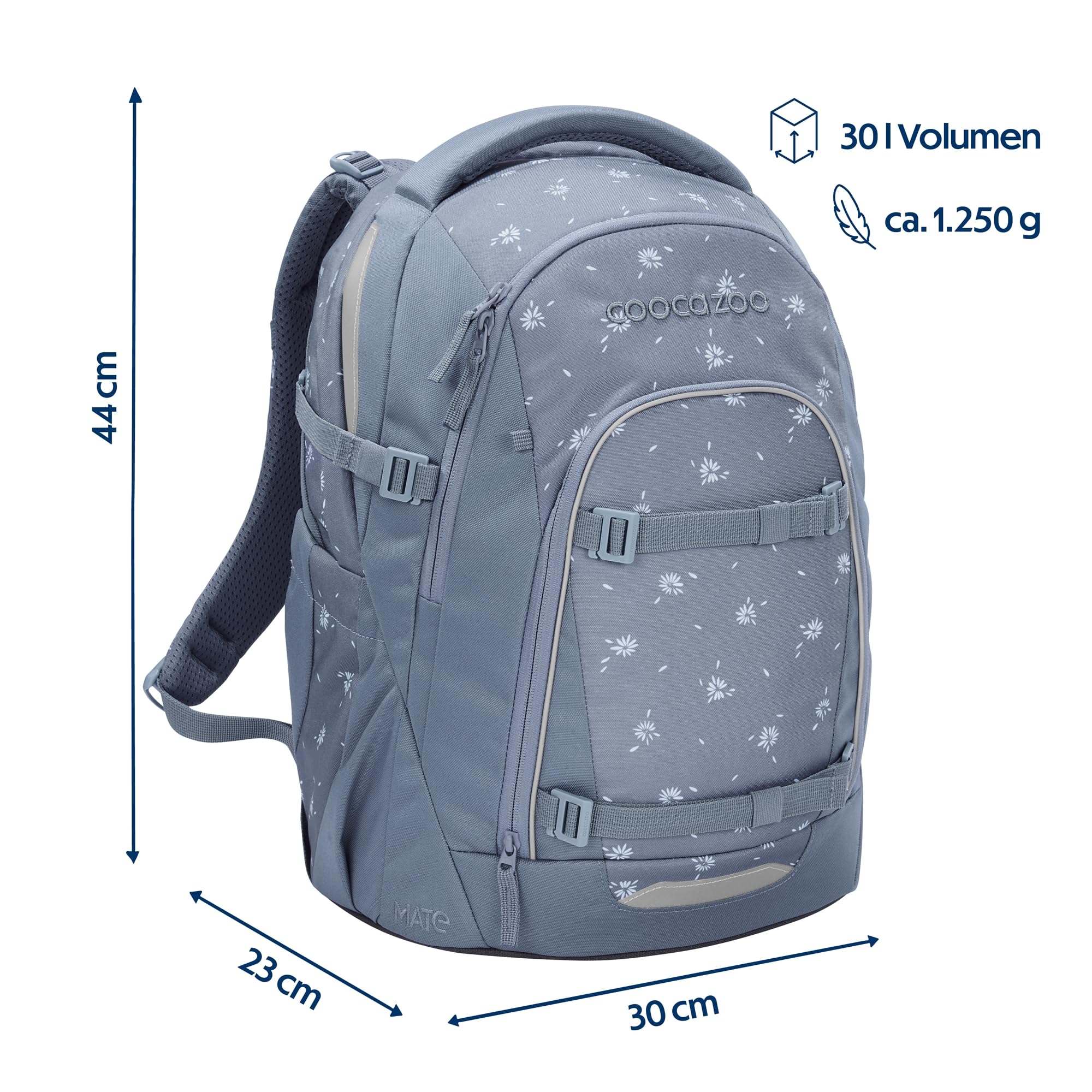 coocazoo Mate Schulrucksack „Bloomy Daisy”, hellgrau, ergonomischer & anpassbarer Tornister, höhen- & größenverstellbar, mit Brustgurt & Hüftgurt, ab der 3. Klasse
