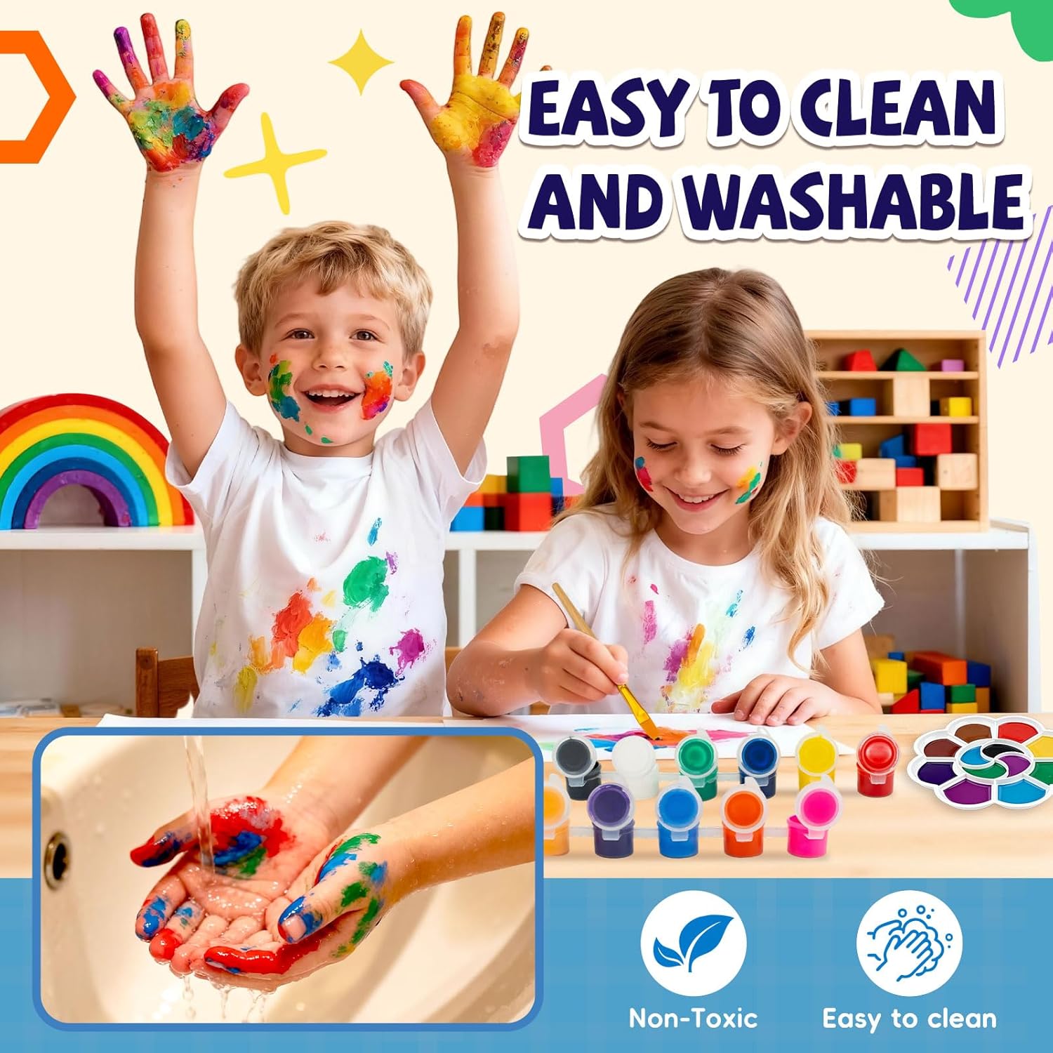 15 Pack Mini Acrylic Paint Set for Kids,12 Colors Washable Acrylic Paint Strips with 30Pcs Painting Brushes & 15Pcs Palette,Watercolor Painting Kit Art Gifts for Classroom Party Favors Easter