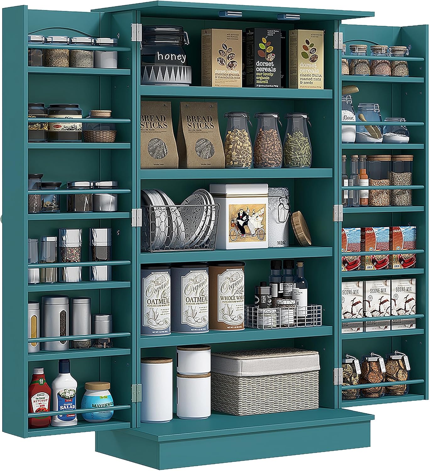 HOMCOM 41" Kitchen Pantry Storage Cabinet, Freestanding Kitchen Cabinet with 12 Door Shelves, Double Doors, 5-Tier Shelving and Adjustable Shelves, Blue