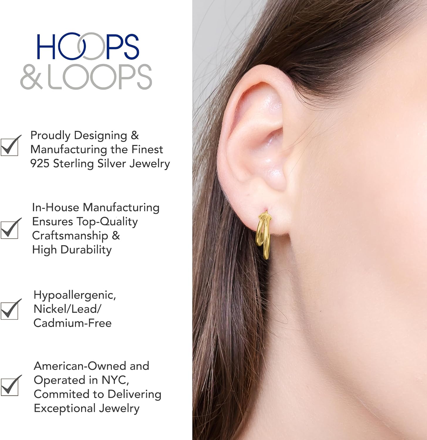 Hoops & Loops 925 Sterling Silver Double Hoop Earrings for Women - Layered Stacked Small and Large Hoops, 15mm, 20mm, 25mm - 14k Yellow Gold, Rose Gold, Black Flash Plated, Hypoallergenic Trendy Jewelry