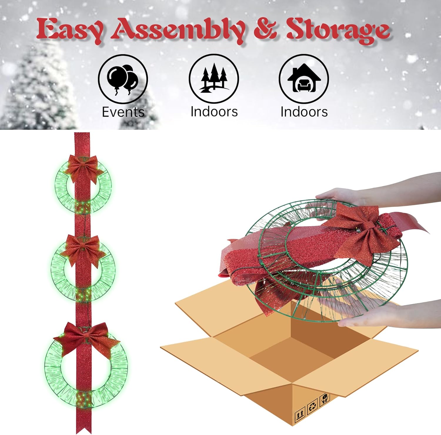 Hmlinktt 3-Piece Outdoor Lighted Christmas Wreath, 61"L Christmas Wreaths with 3 Red Bow & 300 LED Lights, Christmas Wreaths for Front Door with Hook, Wreath Decorations for Home Yard, Green, Set of 2