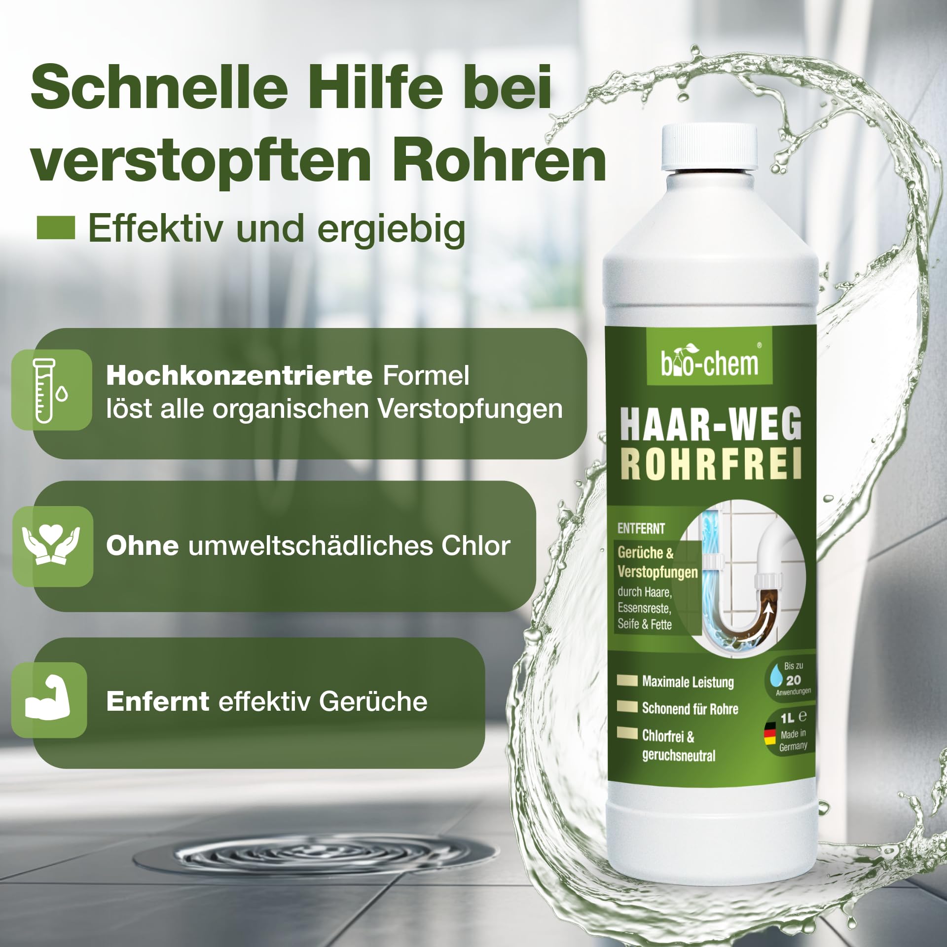 bio-chem Haar-Weg Abflussreiniger extra stark 20L | Rohrreiniger gegen Verstopfungen und Haare | bis zu 20 Anwendungen je Liter | gegen Verstopfungen & Haare