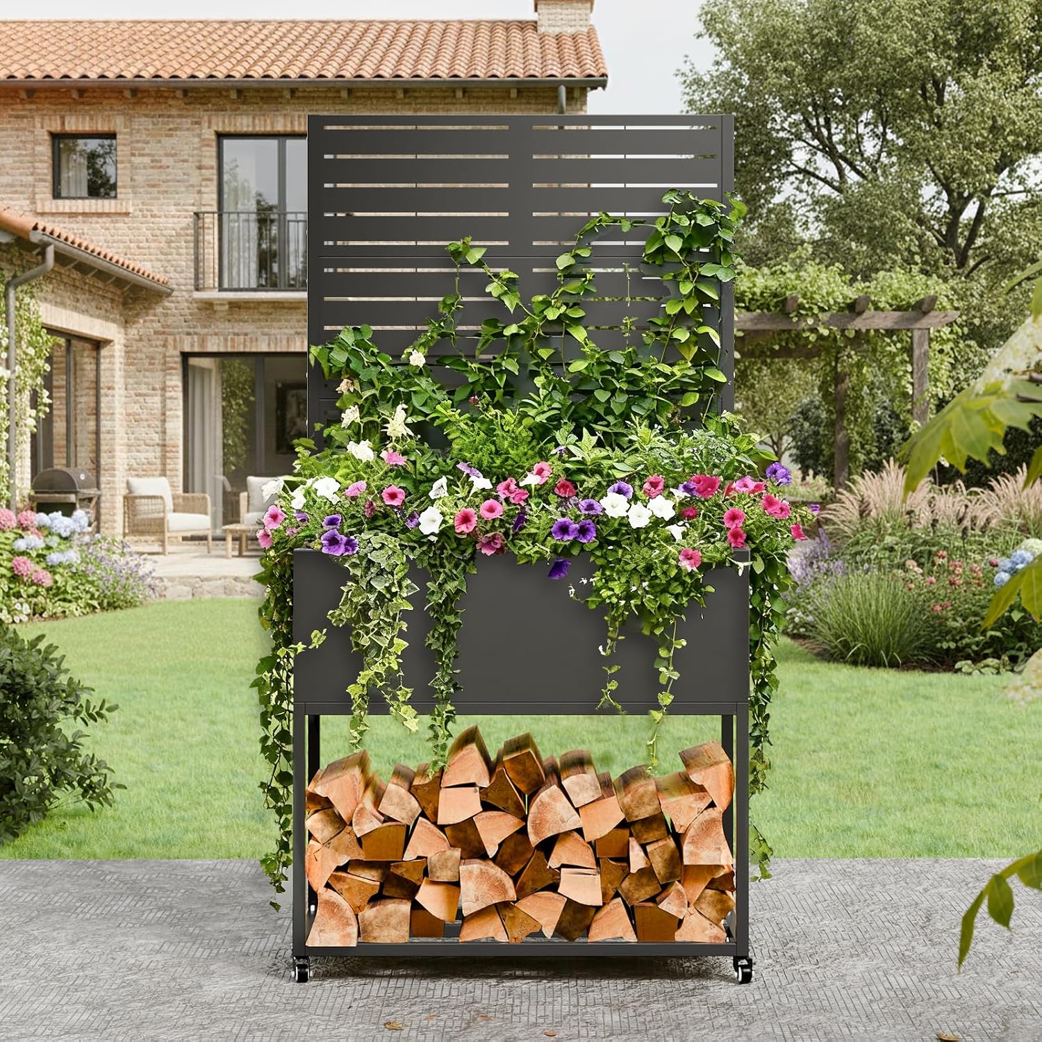 Metal Planter Box with Trellis, 3 in 1 Raised Garden Bed with Trelli & Firewood Rack, Privacy Planter Screen for Climbing Plants, Vine, Outdoor Garden Standing Beds with Drainage Holes, Wheels,Black