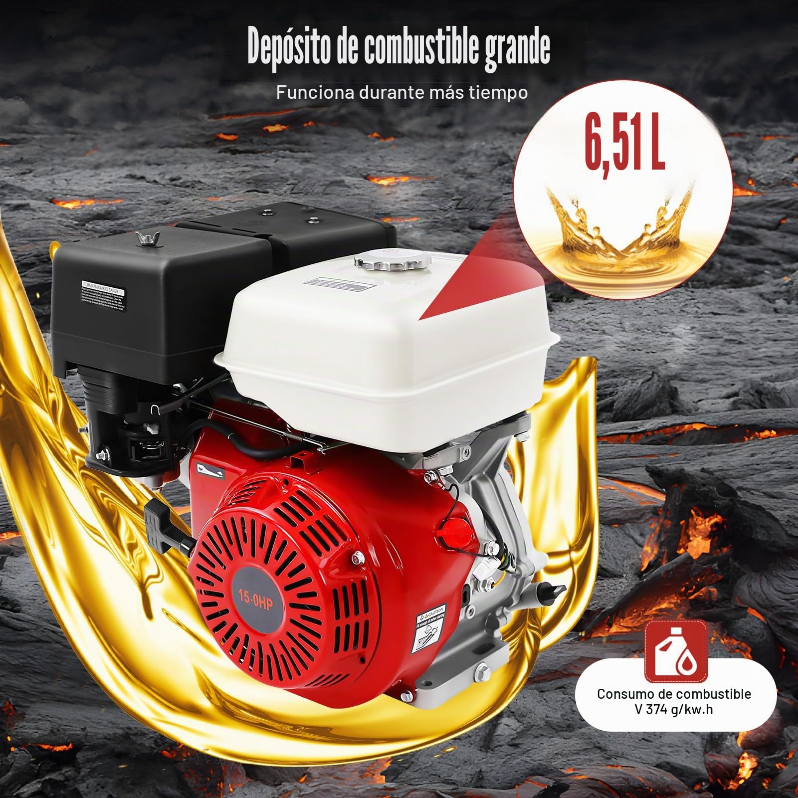 Motor de gasolina de 4 tiempos, 15 CV, 9700 W, 420 cc, 3600 rpm, refrigerado por aire, 6,5 l, para sistemas de bombeo, generadores, equipos de construcción