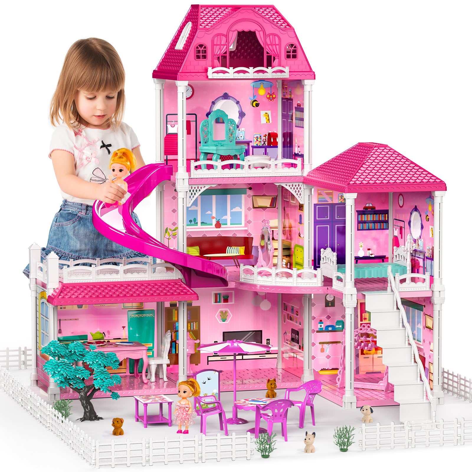 Meissfunny Doll House Toddler Toys for Years Old for Girls  3-Story Rooms Playhouse with Dolls Toy Figures, Dollhouse 7-8 for Girls,