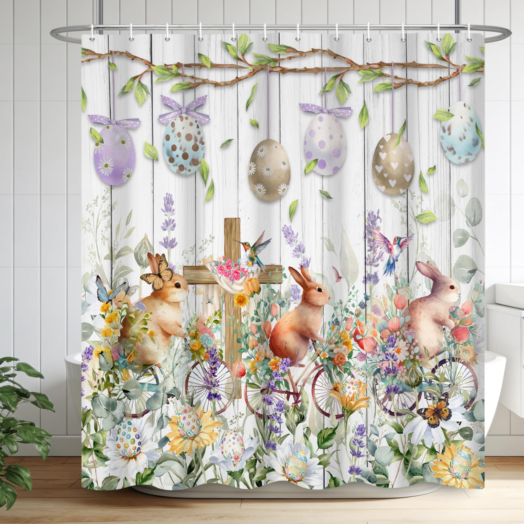 Rideau de douche en polyester de qualité supérieure motif lapin de Pâques lavable 183x183